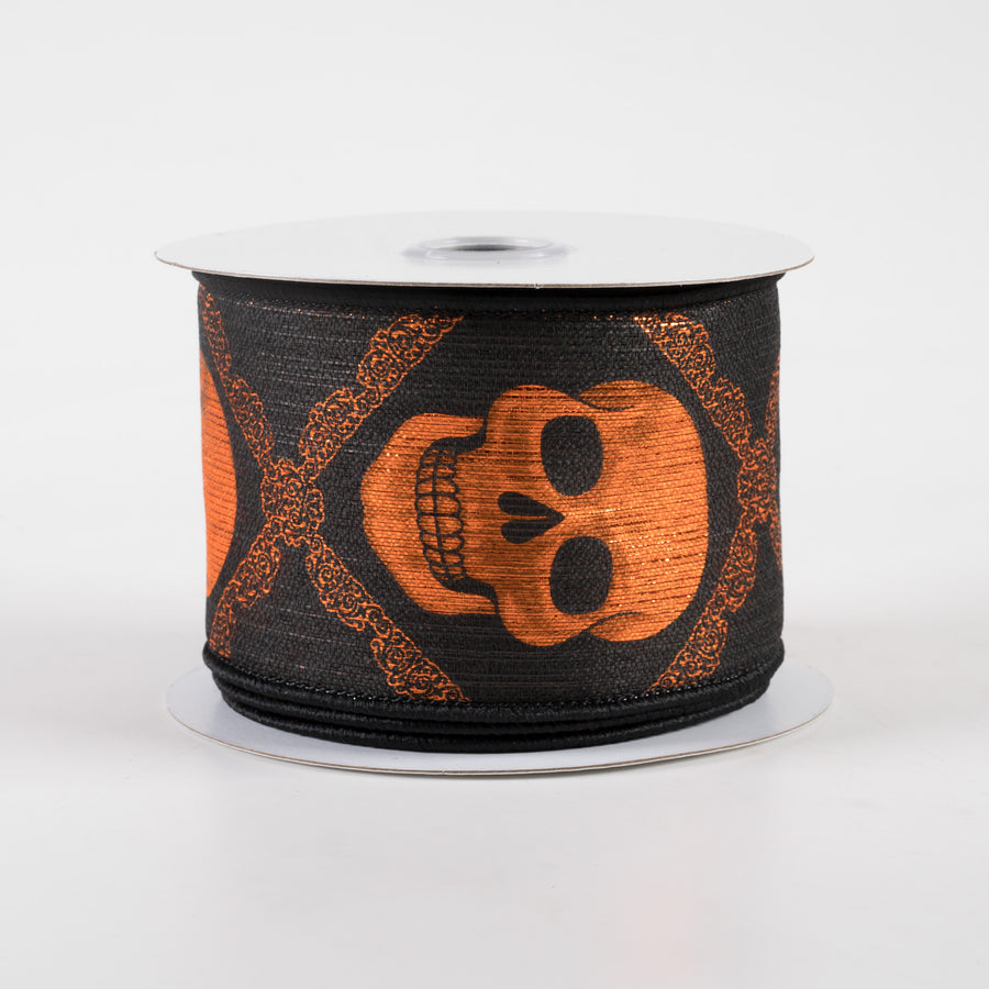2.5" Metallic Skulls Ribbon: Black & Orange (10 Yards)