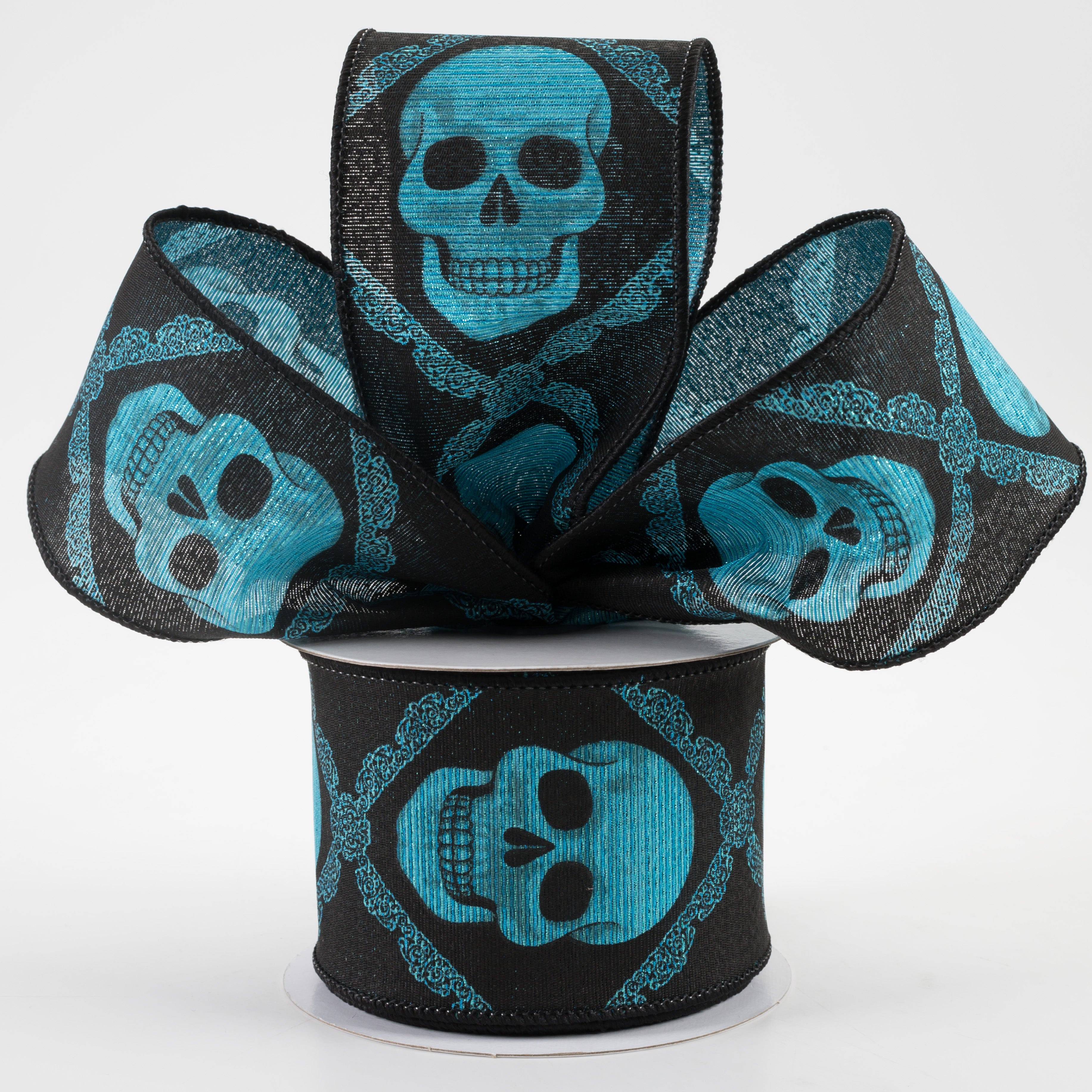 2.5" Metallic Skulls Ribbon: Black & Turquoise (10 Yards) Lifestyle Photo