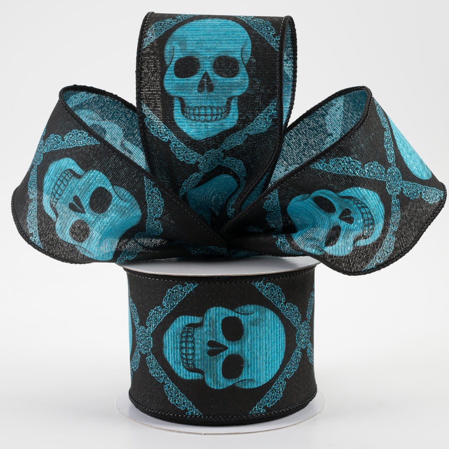 2.5" Metallic Skulls Ribbon: Black & Turquoise (10 Yards) Lifestyle Photo
