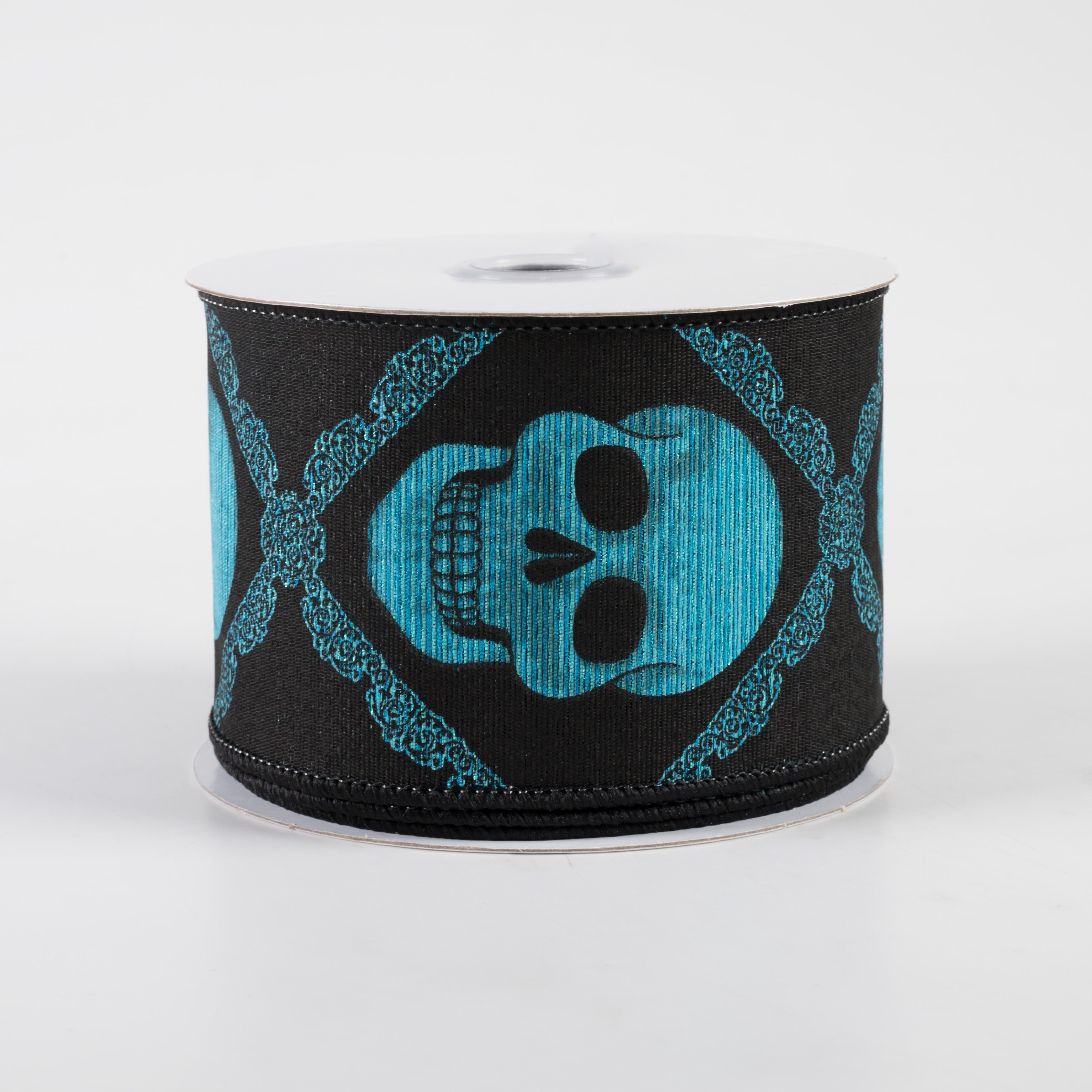 2.5" Metallic Skulls Ribbon: Black & Turquoise (10 Yards)