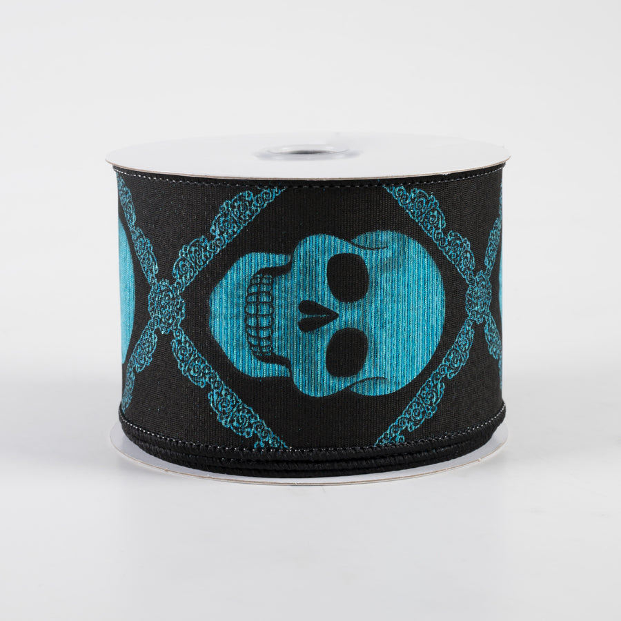 2.5" Metallic Skulls Ribbon: Black & Turquoise (10 Yards)