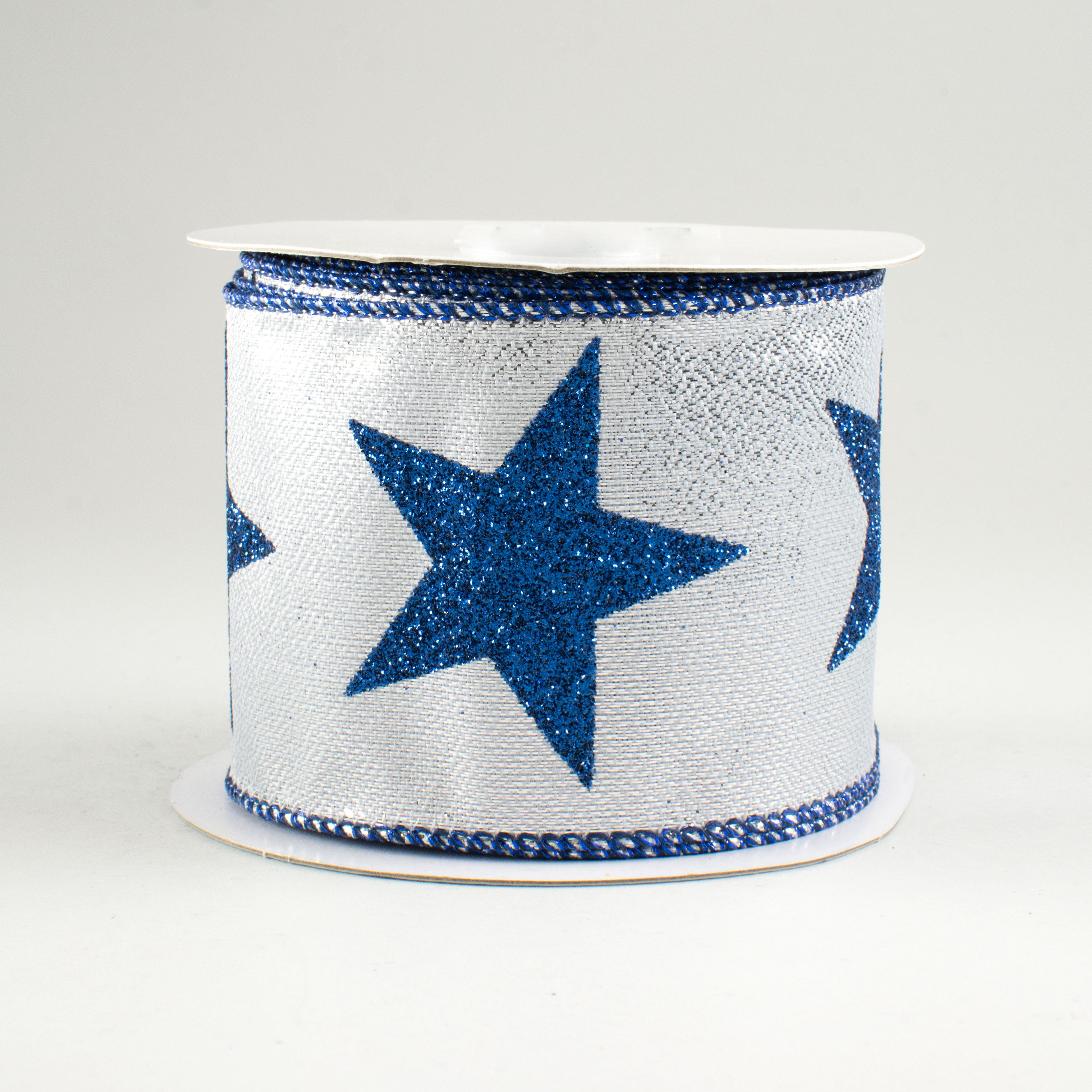 2.5" Metallic Star Ribbon: Silver & Navy (10 Yards)