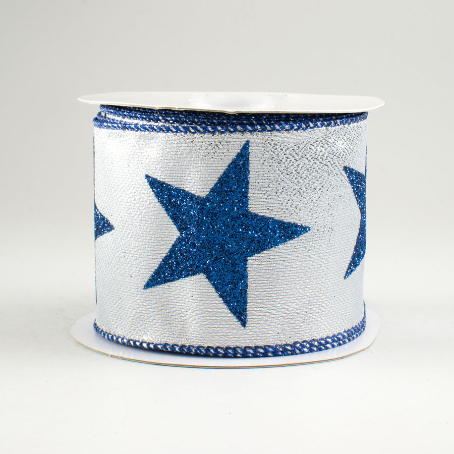 2.5" Metallic Star Ribbon: Silver & Navy (10 Yards)