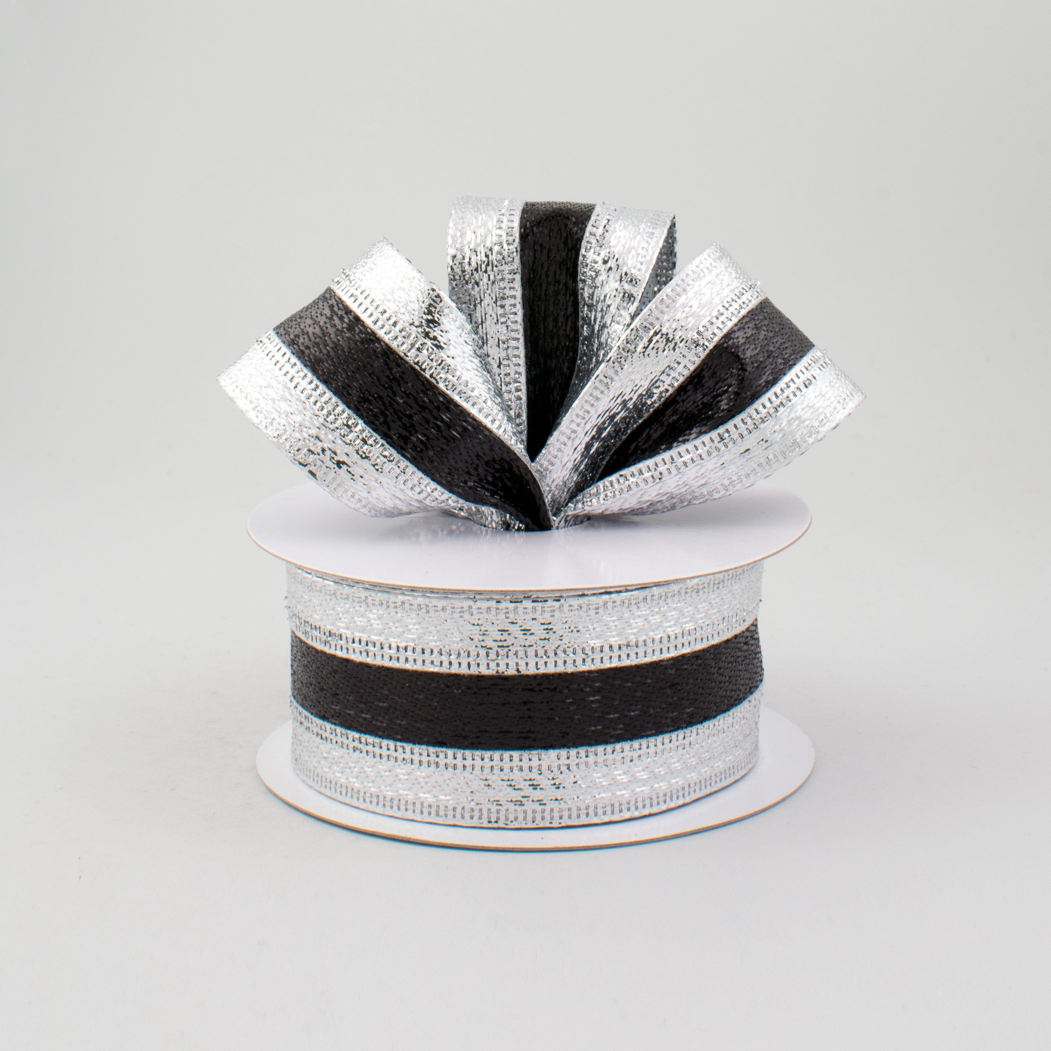 1.5" Metallic Stripe Ribbon: Black & Silver (10 Yards) Lifestyle Photo