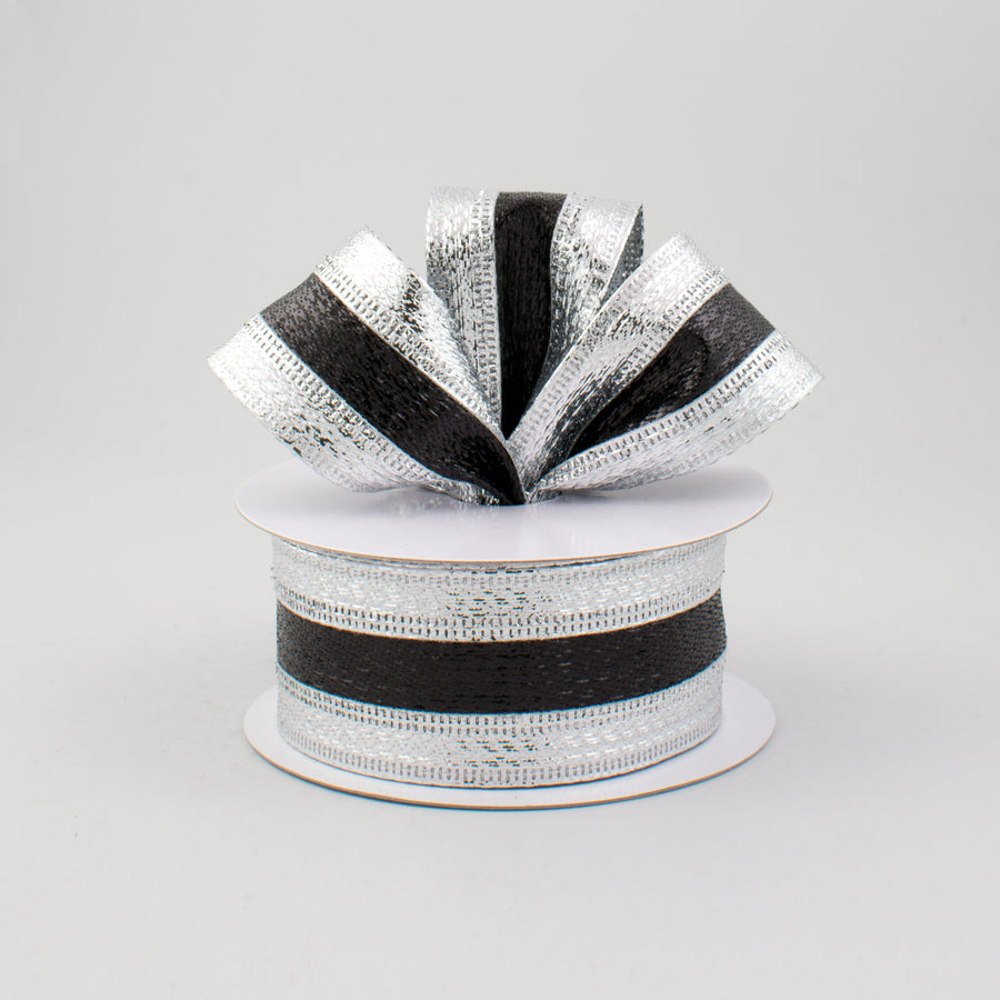 1.5" Metallic Stripe Ribbon: Black & Silver (10 Yards) Lifestyle Photo