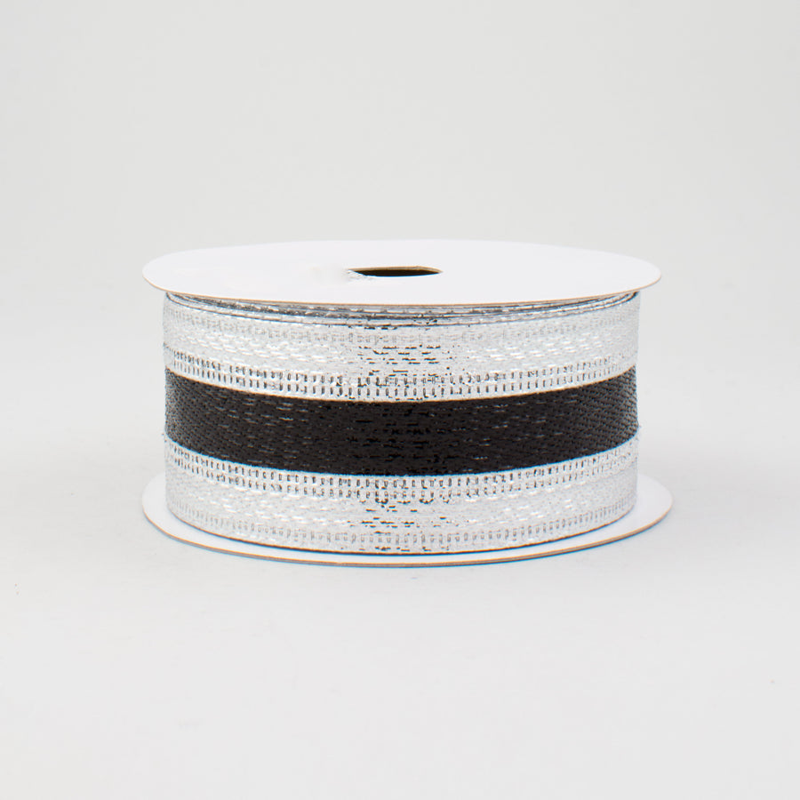 1.5" Metallic Stripe Ribbon: Black & Silver (10 Yards)