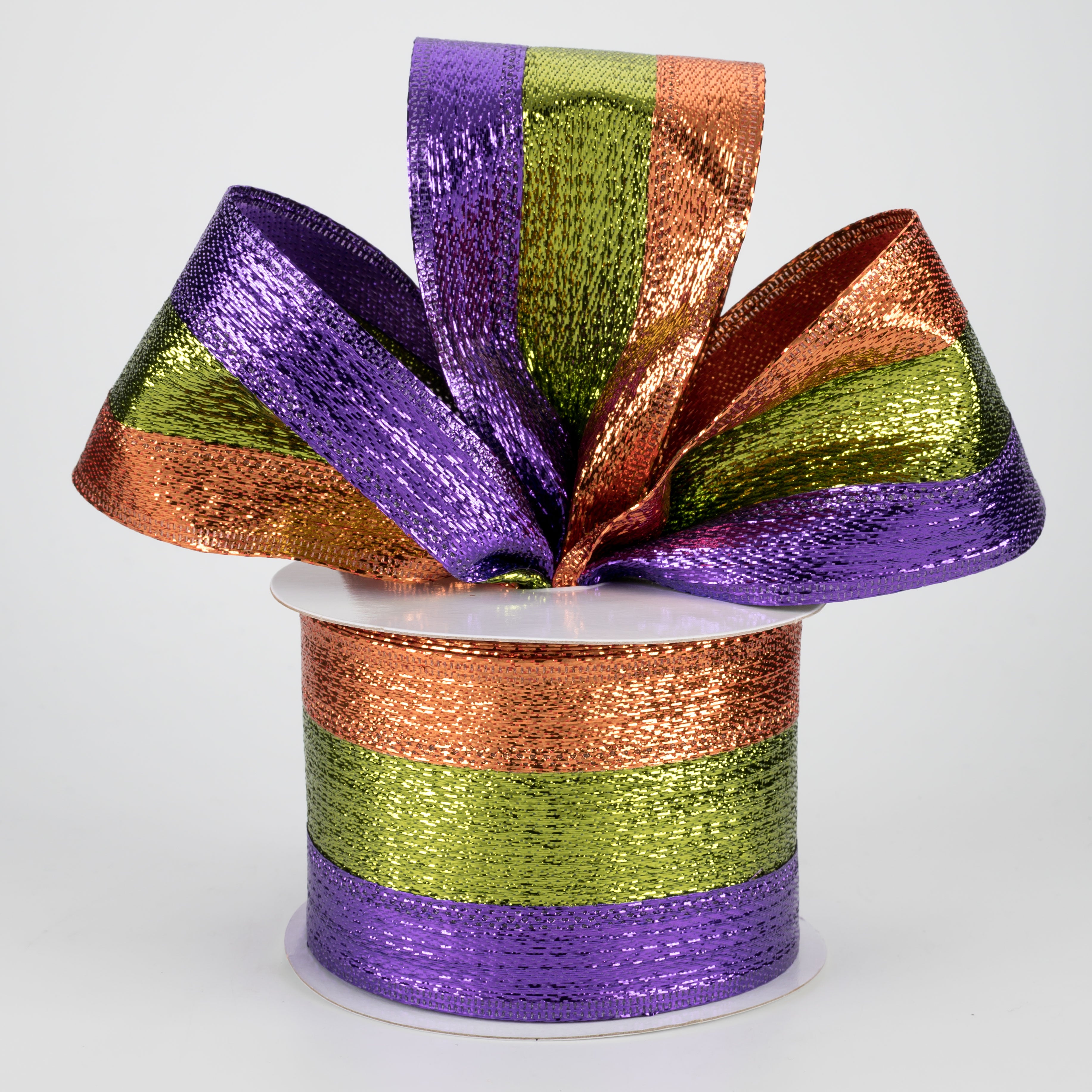 2.5" Metallic Stripe Ribbon: Purple, Lime, Copper (10 Yards) Lifestyle Photo