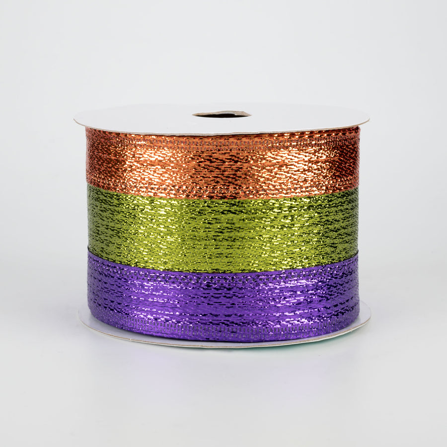 2.5" Metallic Stripe Ribbon: Purple, Lime, Copper (10 Yards)