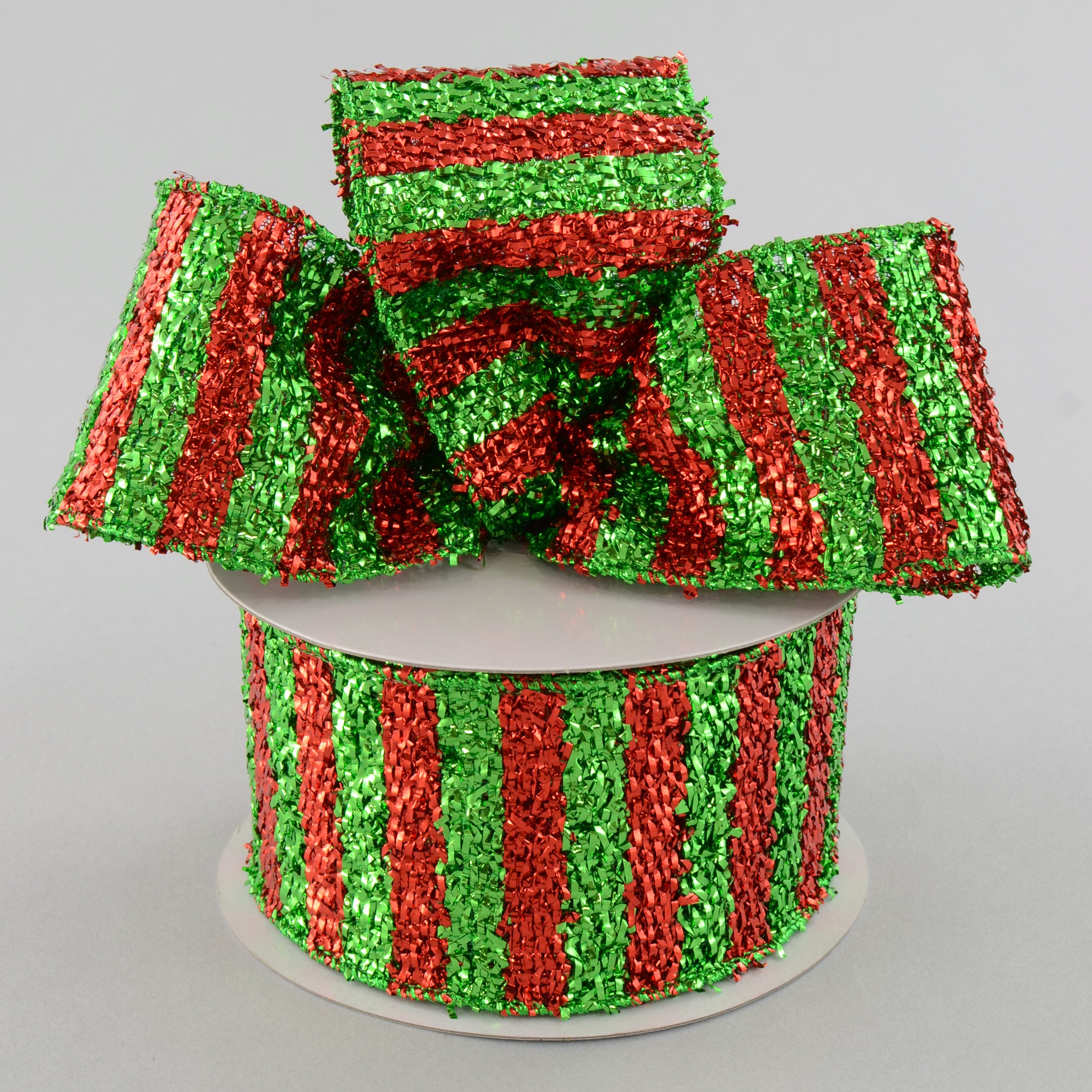 2.5" Metallic Tinsel Stripe Ribbon: Red & Lime (10 Yards) Lifestyle Photo