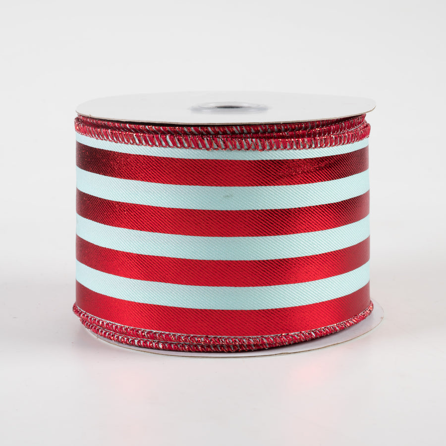 2.5" Metallic Vertical Stripes Ribbon: Ice Blue & Red (10 Yards)