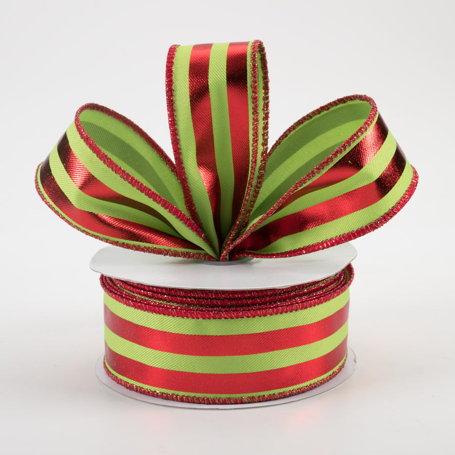 1.5" Metallic Vertical Stripes Ribbon: Lime Green & Red (10 Yards) Lifestyle Photo