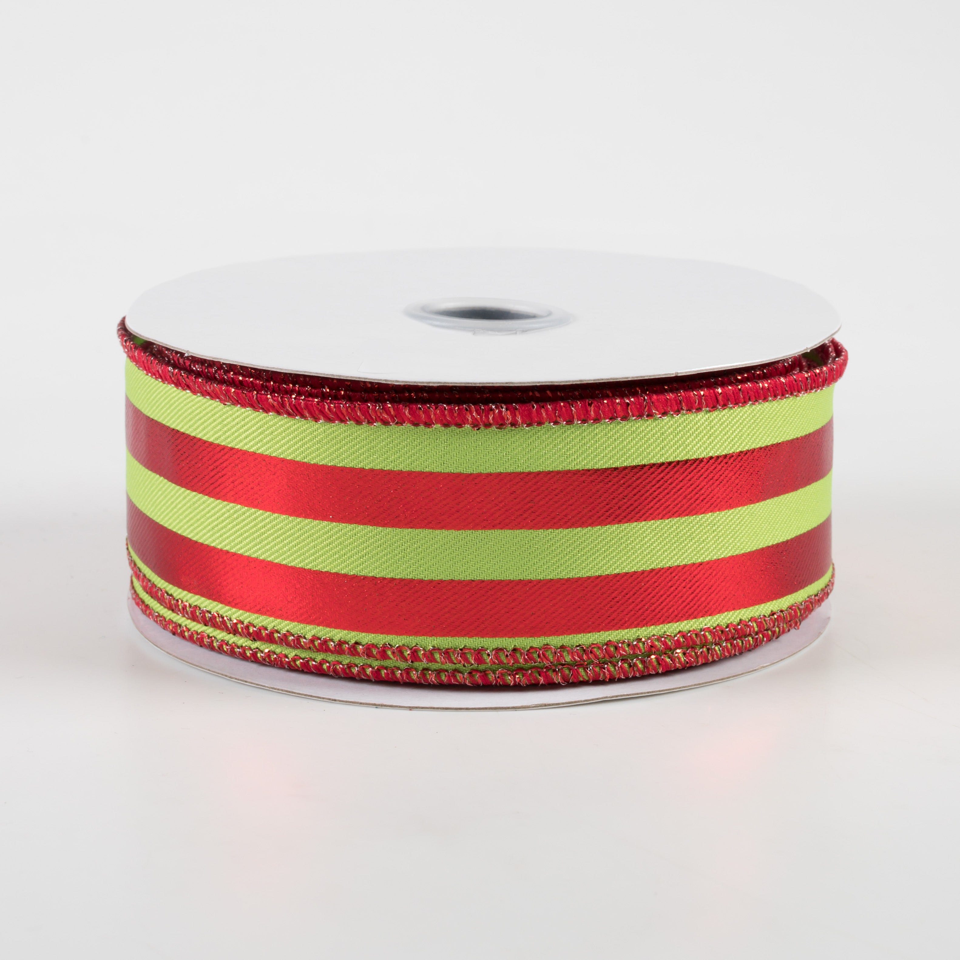 1.5" Metallic Vertical Stripes Ribbon: Lime Green & Red (10 Yards)