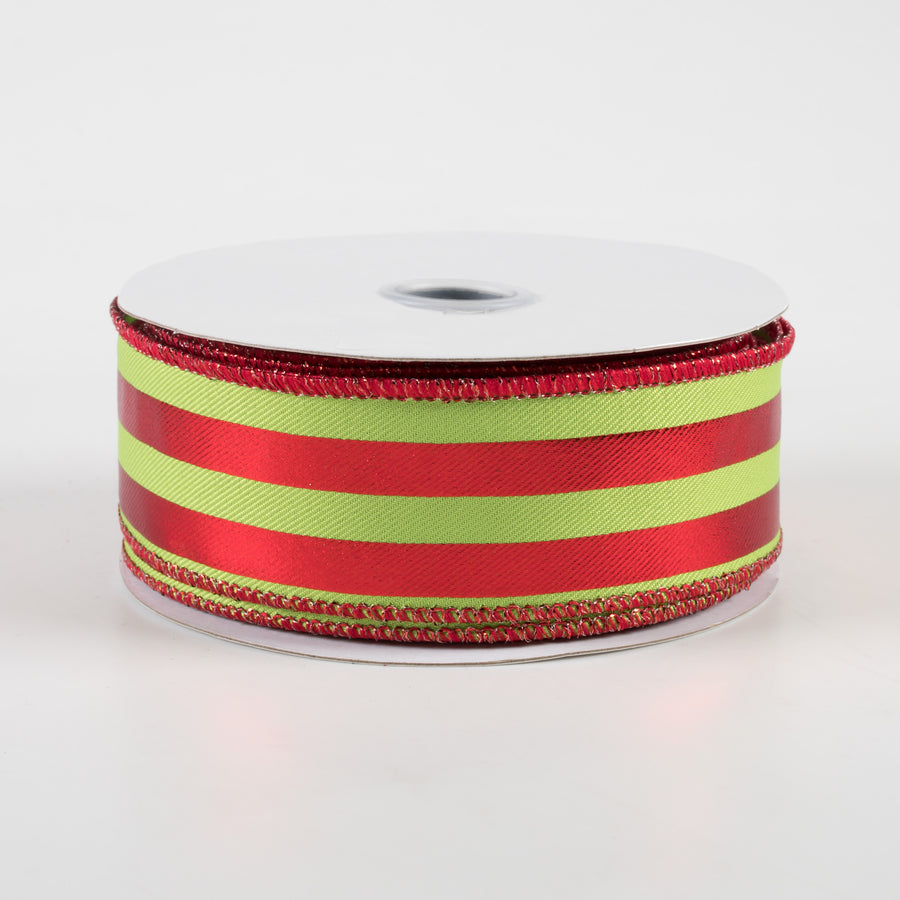 1.5" Metallic Vertical Stripes Ribbon: Lime Green & Red (10 Yards)