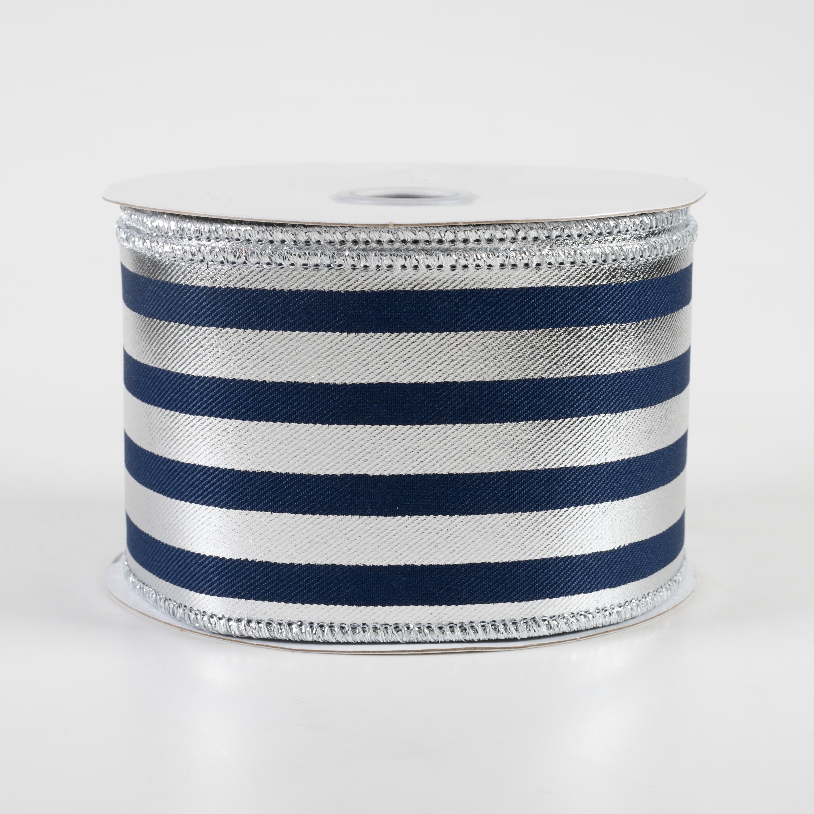 2.5" Metallic Vertical Stripes Ribbon: Navy Blue & Silver (10 Yards)