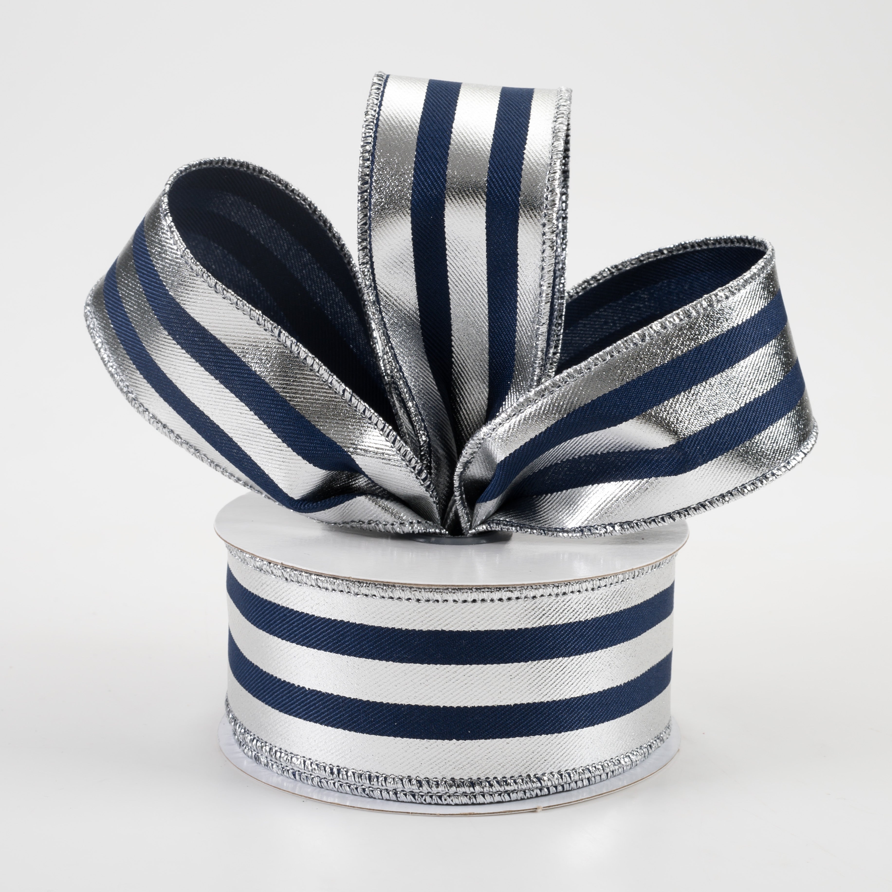 1.5" Metallic Vertical Stripes Ribbon: Navy Blue & Silver (10 Yards) Lifestyle Photo