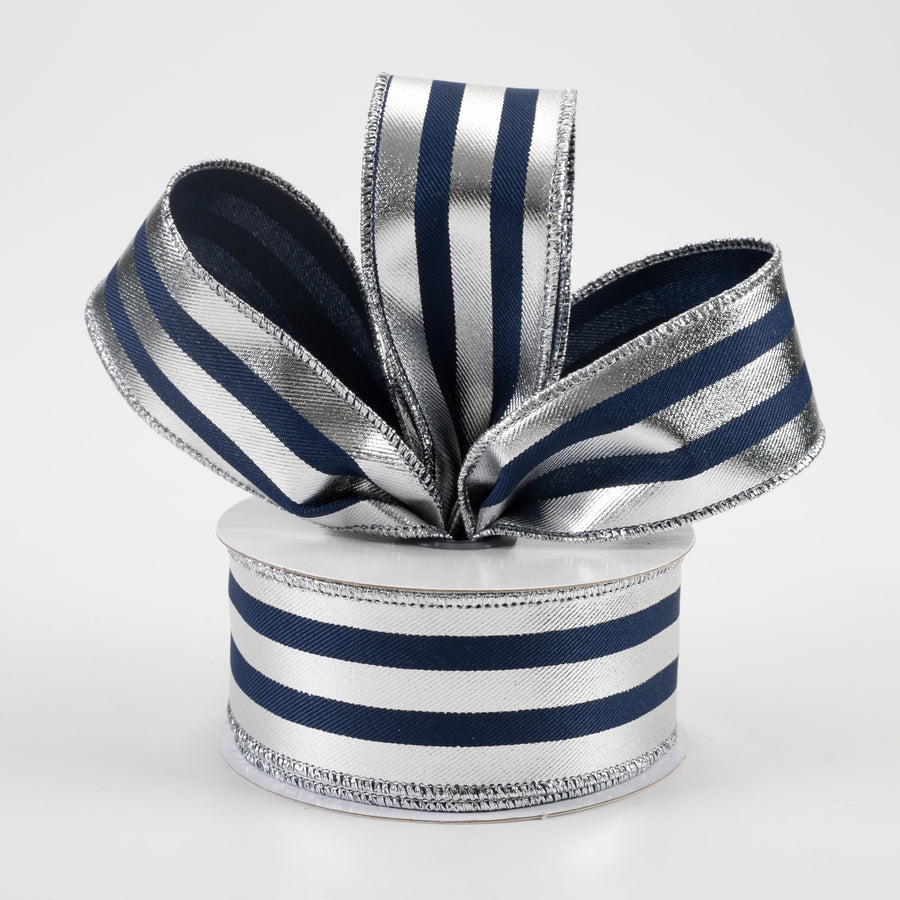 1.5" Metallic Vertical Stripes Ribbon: Navy Blue & Silver (10 Yards) Lifestyle Photo