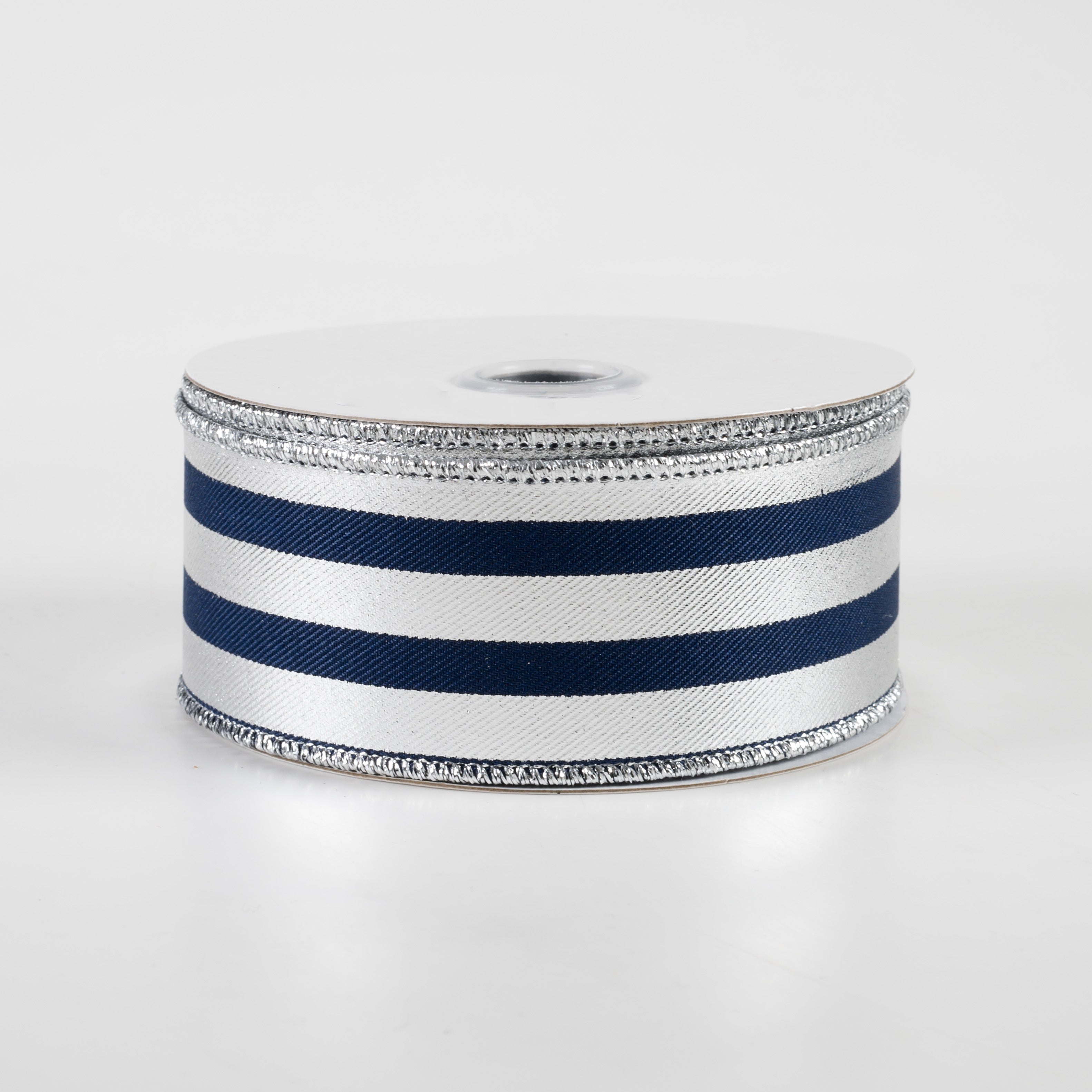 1.5" Metallic Vertical Stripes Ribbon: Navy Blue & Silver (10 Yards)