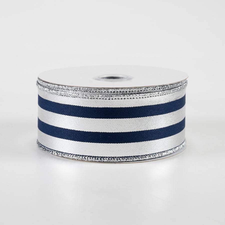 1.5" Metallic Vertical Stripes Ribbon: Navy Blue & Silver (10 Yards)