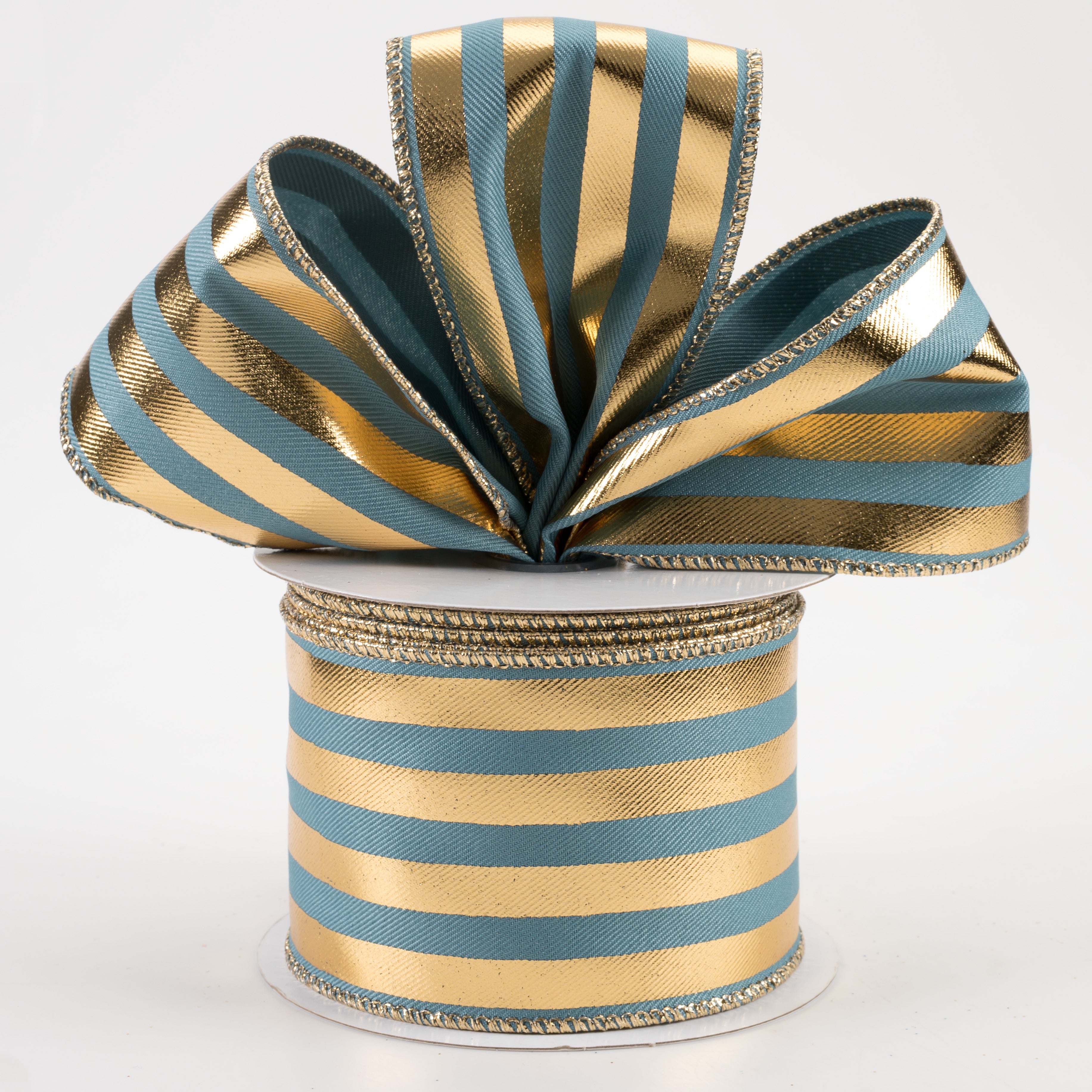 2.5" Metallic Vertical Stripes Ribbon: Smoke Blue & Gold (10 Yards) Lifestyle Photo