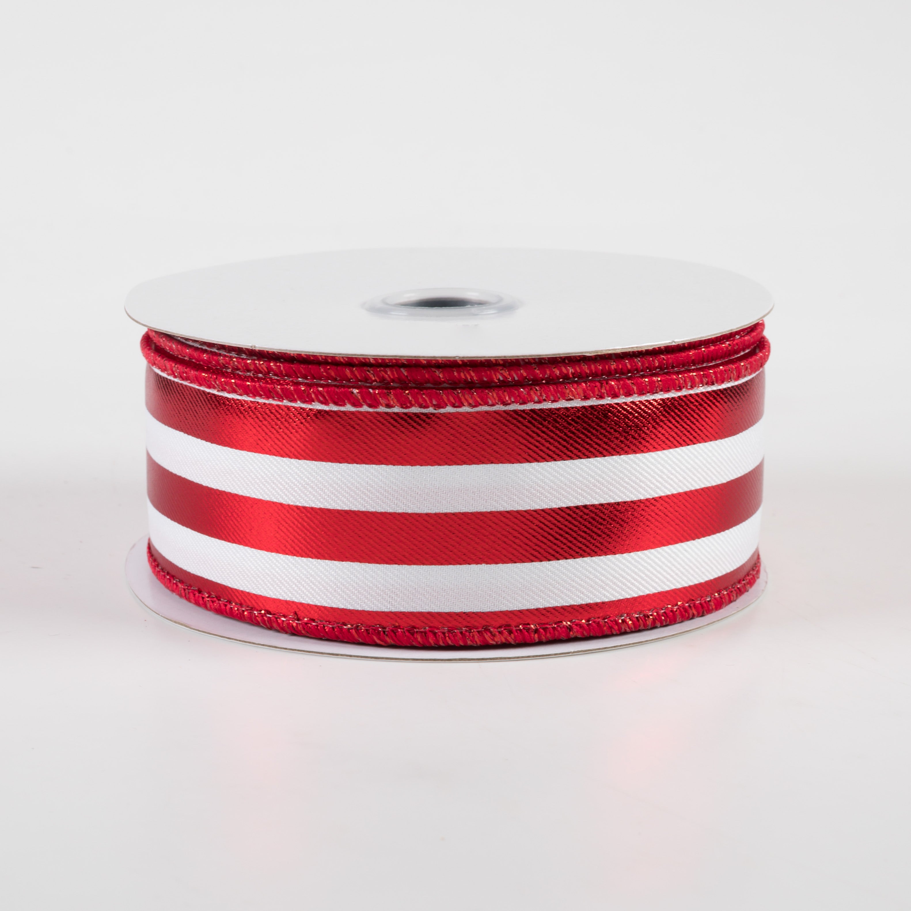 1.5" Metallic Vertical Stripes Ribbon: White & Red (10 Yards)