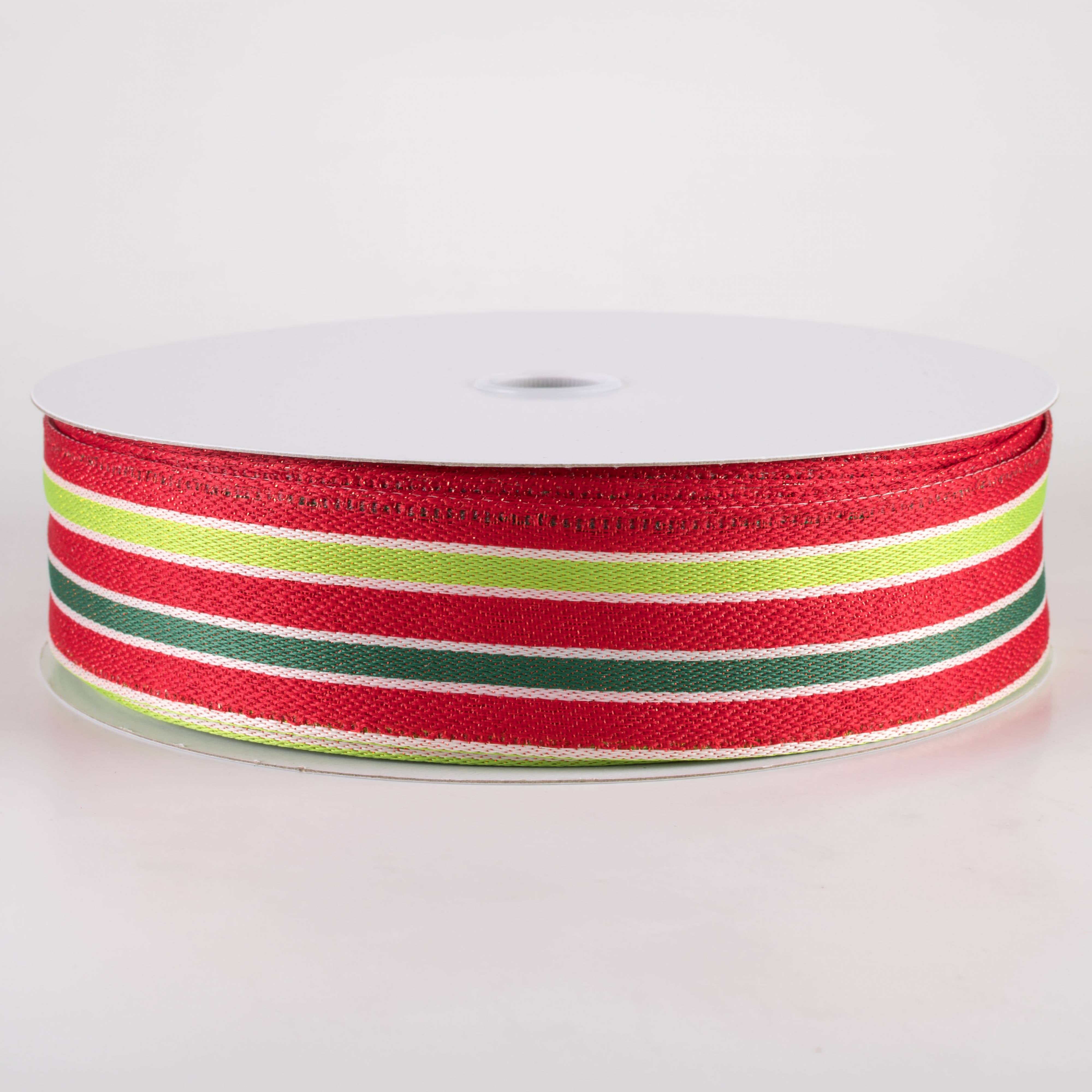 1.5" Metallic Woven Cabana Stripe Ribbon: Red, Green & White (50 Yards) Item Number: 875-09-461