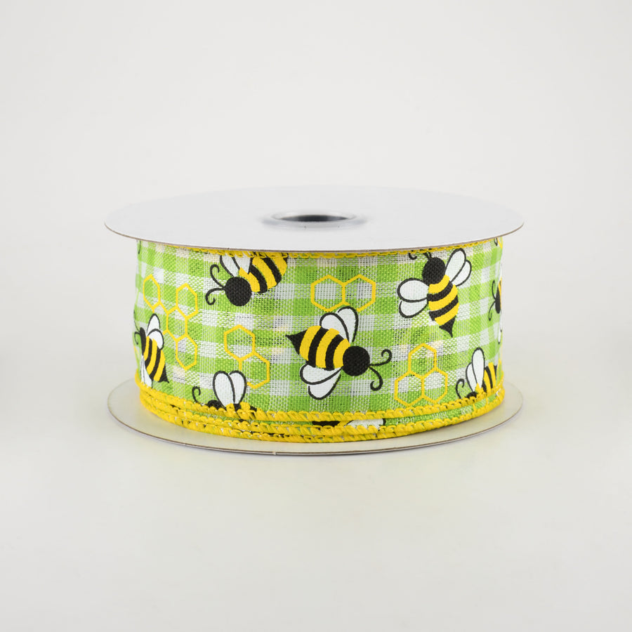 1.5" Mini Bumblebees Gingham Check Ribbon: Lime (10 Yards)