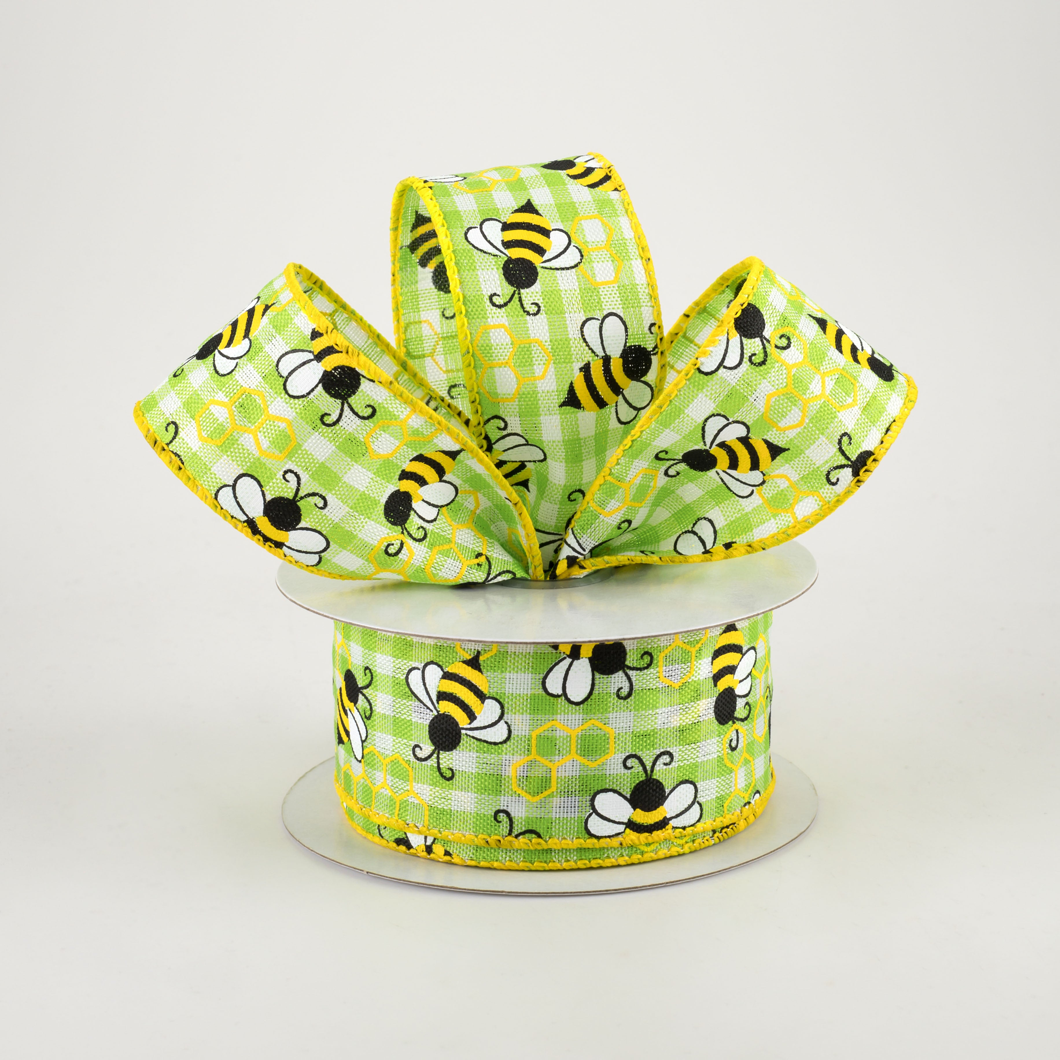 1.5" Mini Bumblebees Gingham Check Ribbon: Lime (10 Yards) Lifestyle Photo