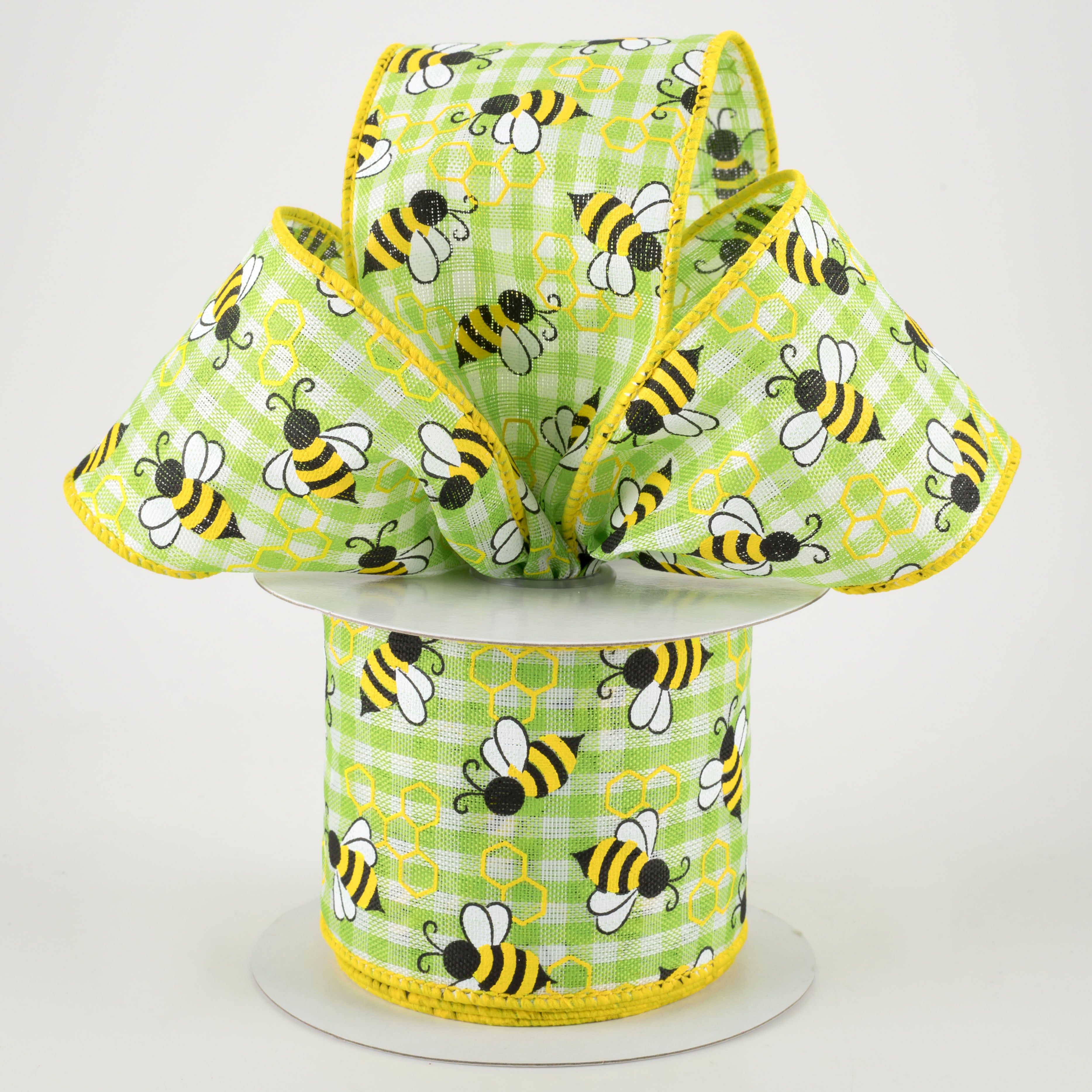 2.5" Mini Bumblebees Gingham Check Ribbon: Lime (10 Yards) Lifestyle Photo