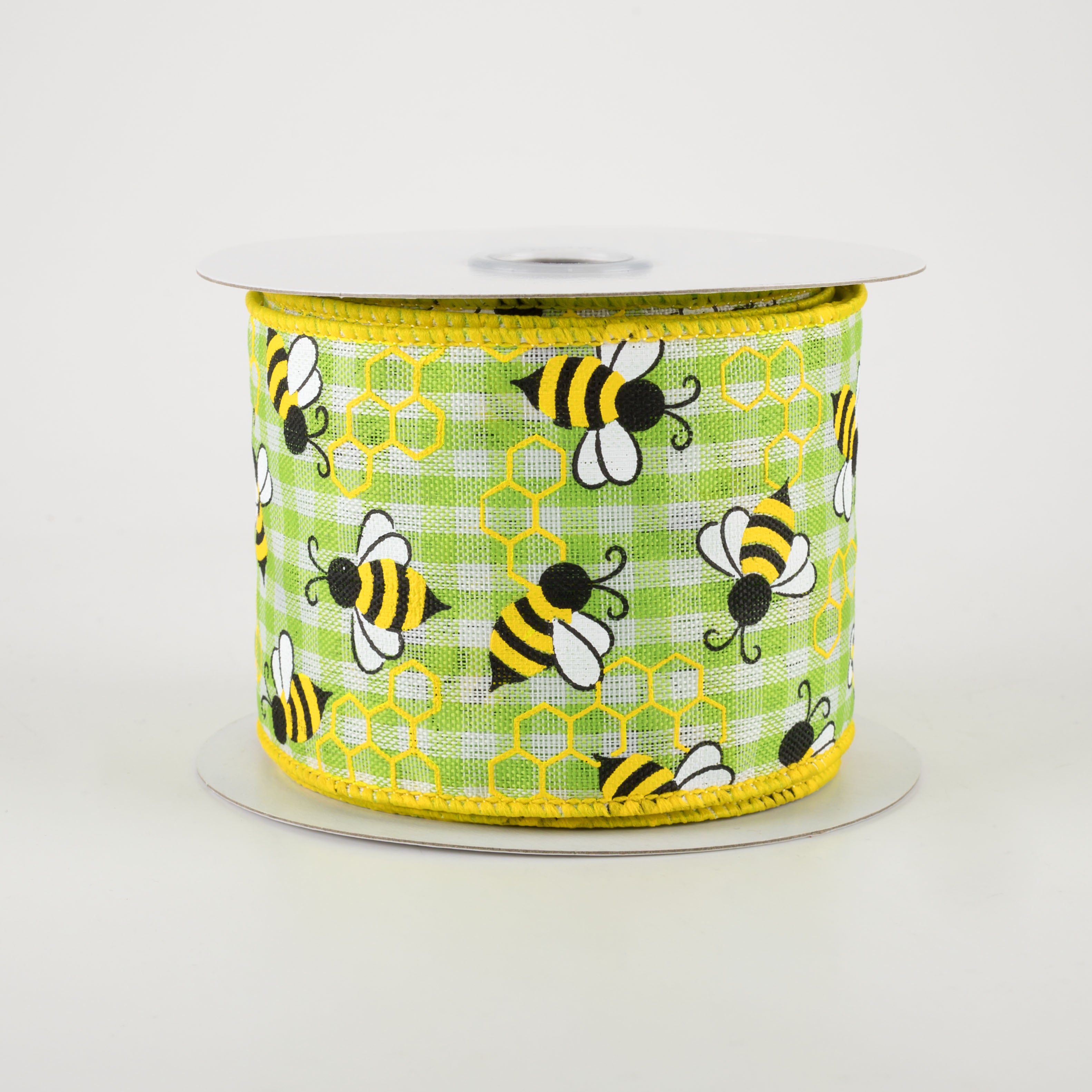 2.5" Mini Bumblebees Gingham Check Ribbon: Lime (10 Yards)