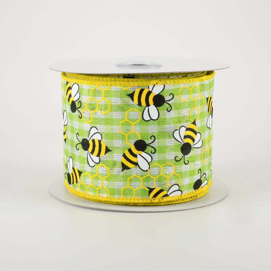 2.5" Mini Bumblebees Gingham Check Ribbon: Lime (10 Yards)