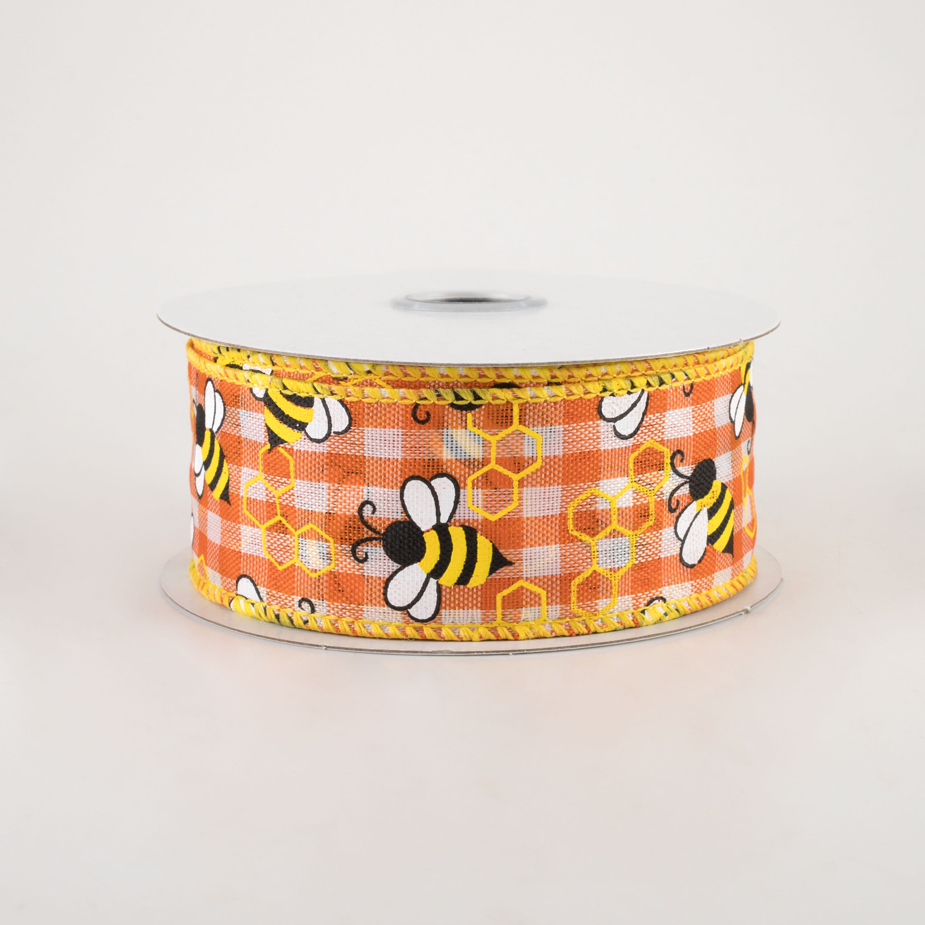 1.5" Mini Bumblebees Gingham Check Ribbon: Orange (10 Yards)