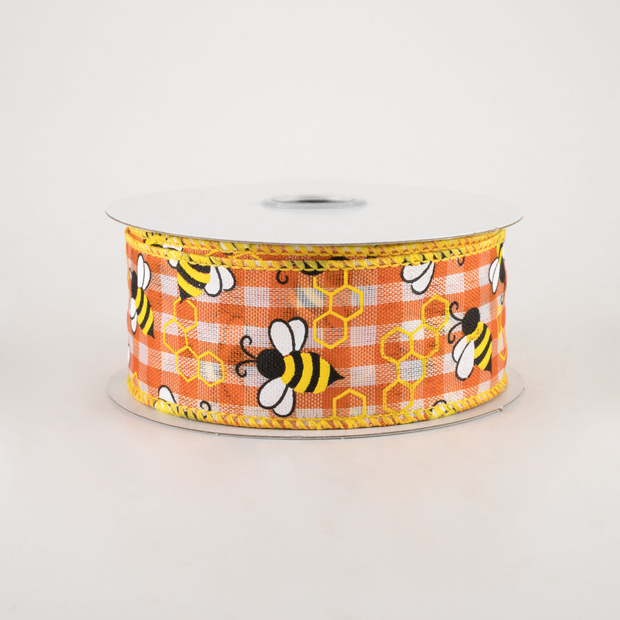 1.5" Mini Bumblebees Gingham Check Ribbon: Orange (10 Yards)