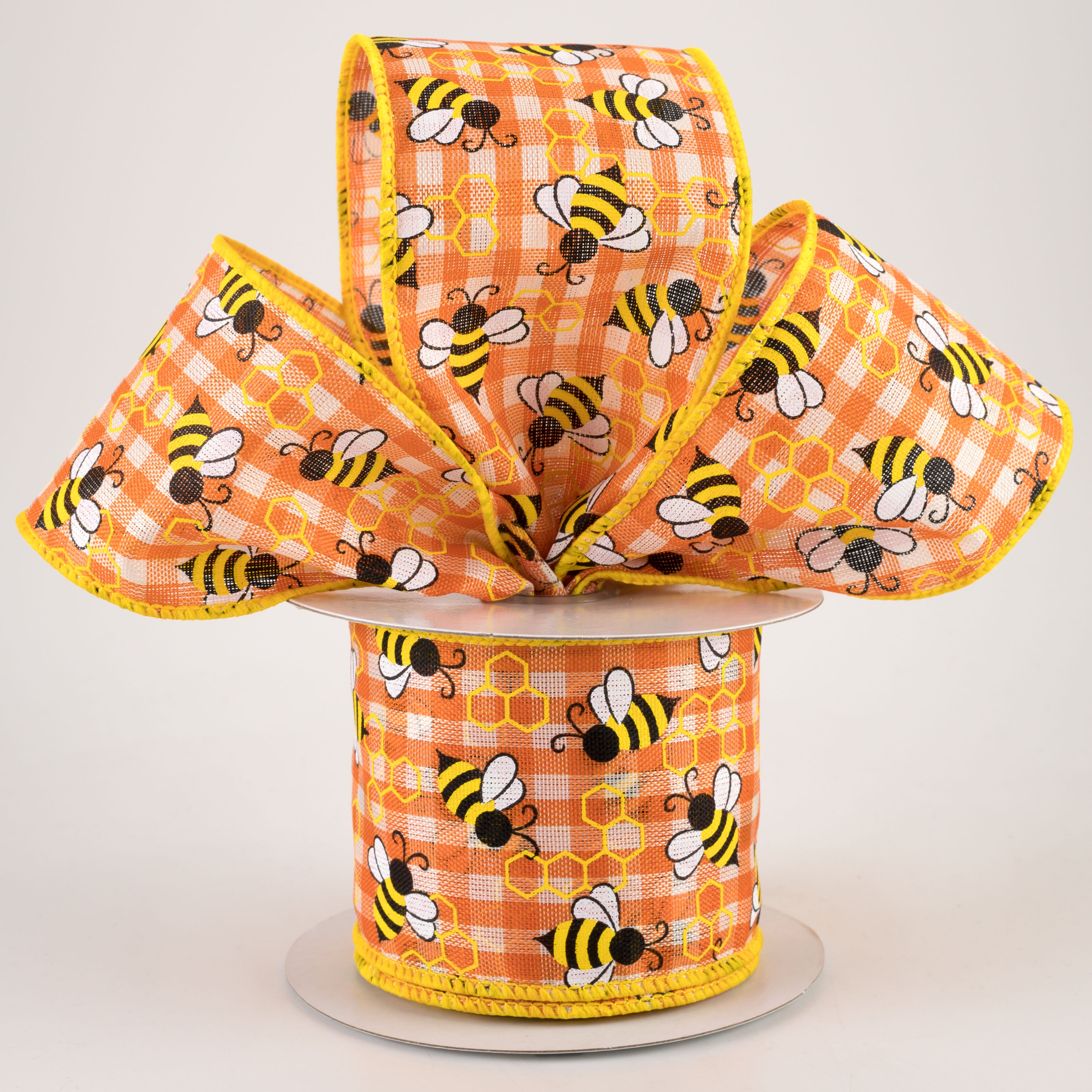 2.5" Mini Bumblebees Gingham Check Ribbon: Orange (10 Yards) Lifestyle Photo