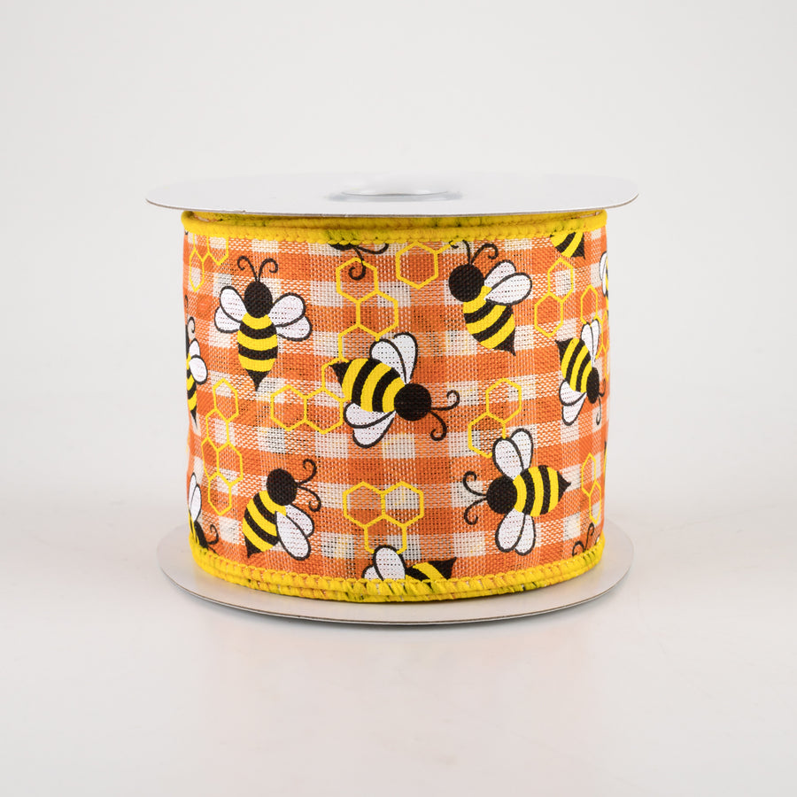 2.5" Mini Bumblebees Gingham Check Ribbon: Orange (10 Yards)