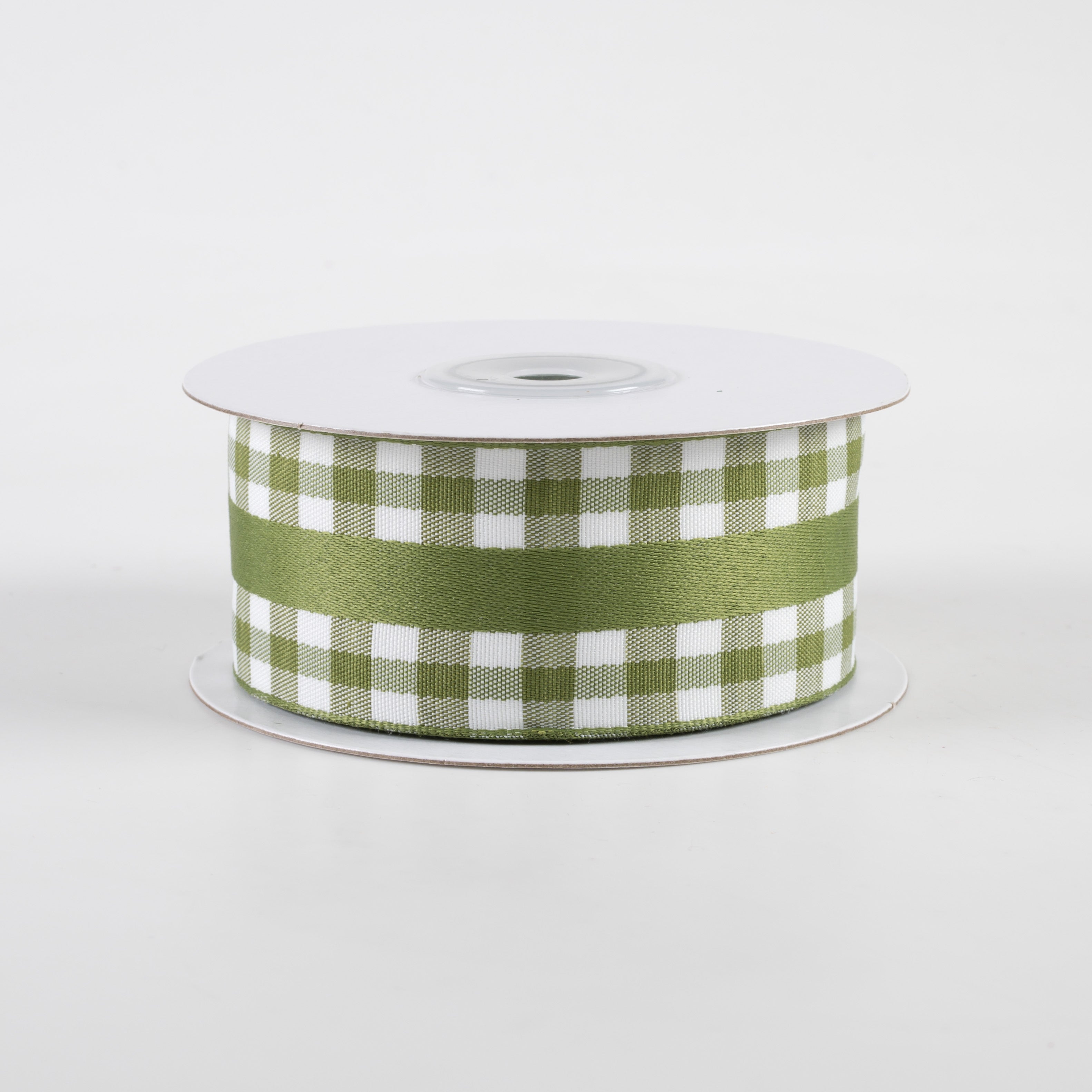 1.5" Mini Gingham With Center Stripe Ribbon: Moss Green & Cream (10 Yards)