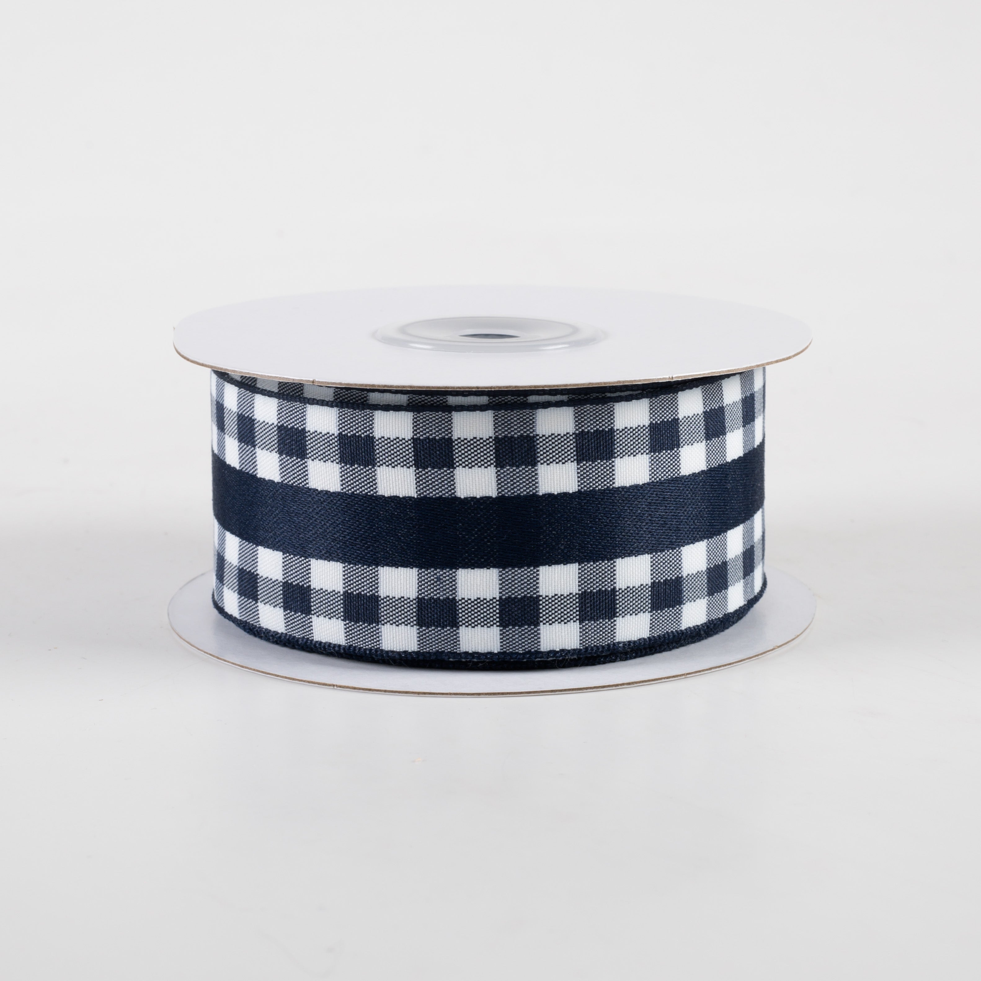1.5" Mini Gingham With Center Stripe Ribbon: Navy & White (10 Yards)