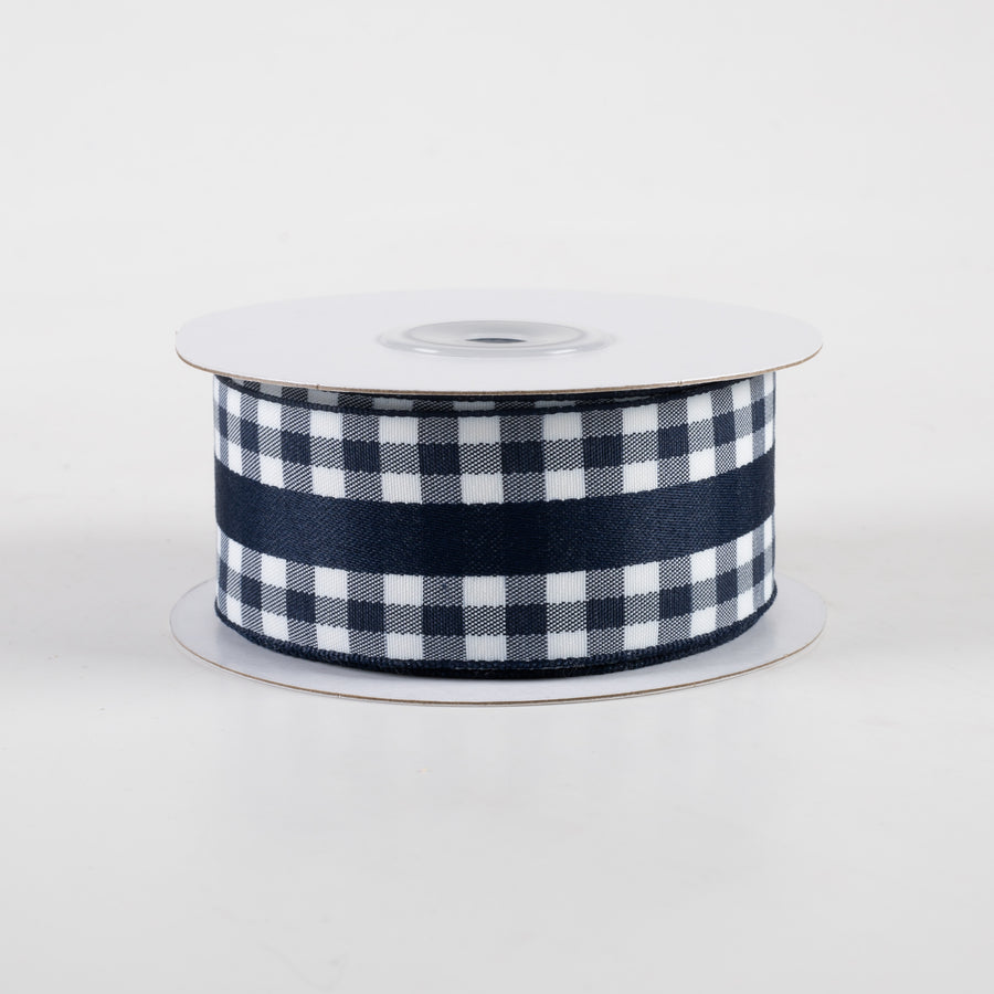 1.5" Mini Gingham With Center Stripe Ribbon: Navy & White (10 Yards)