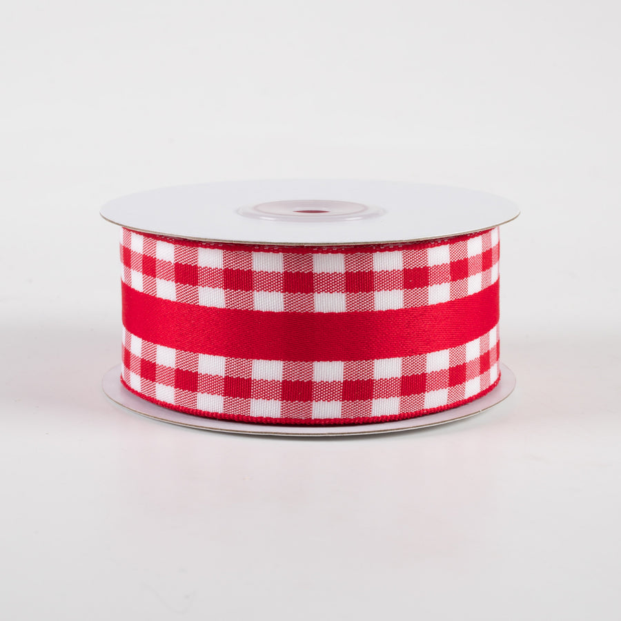 1.5" Mini Gingham With Center Stripe Ribbon: Red & White (10 Yards)