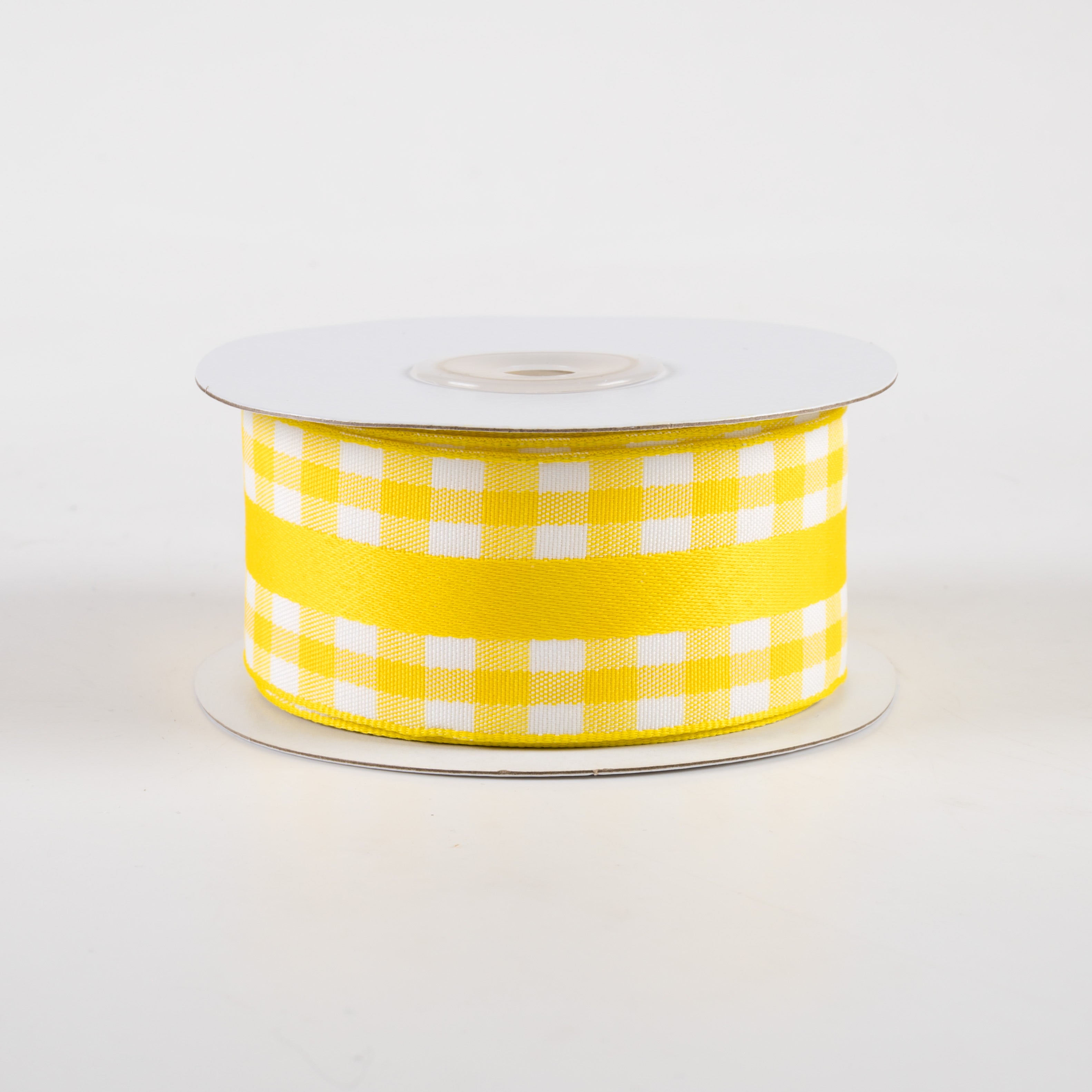 1.5" Mini Gingham With Center Stripe Ribbon: Yellow & White (10 Yards)