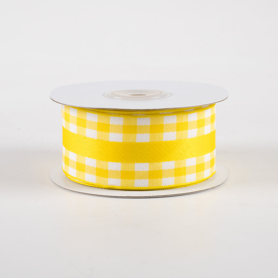 1.5" Mini Gingham With Center Stripe Ribbon: Yellow & White (10 Yards)