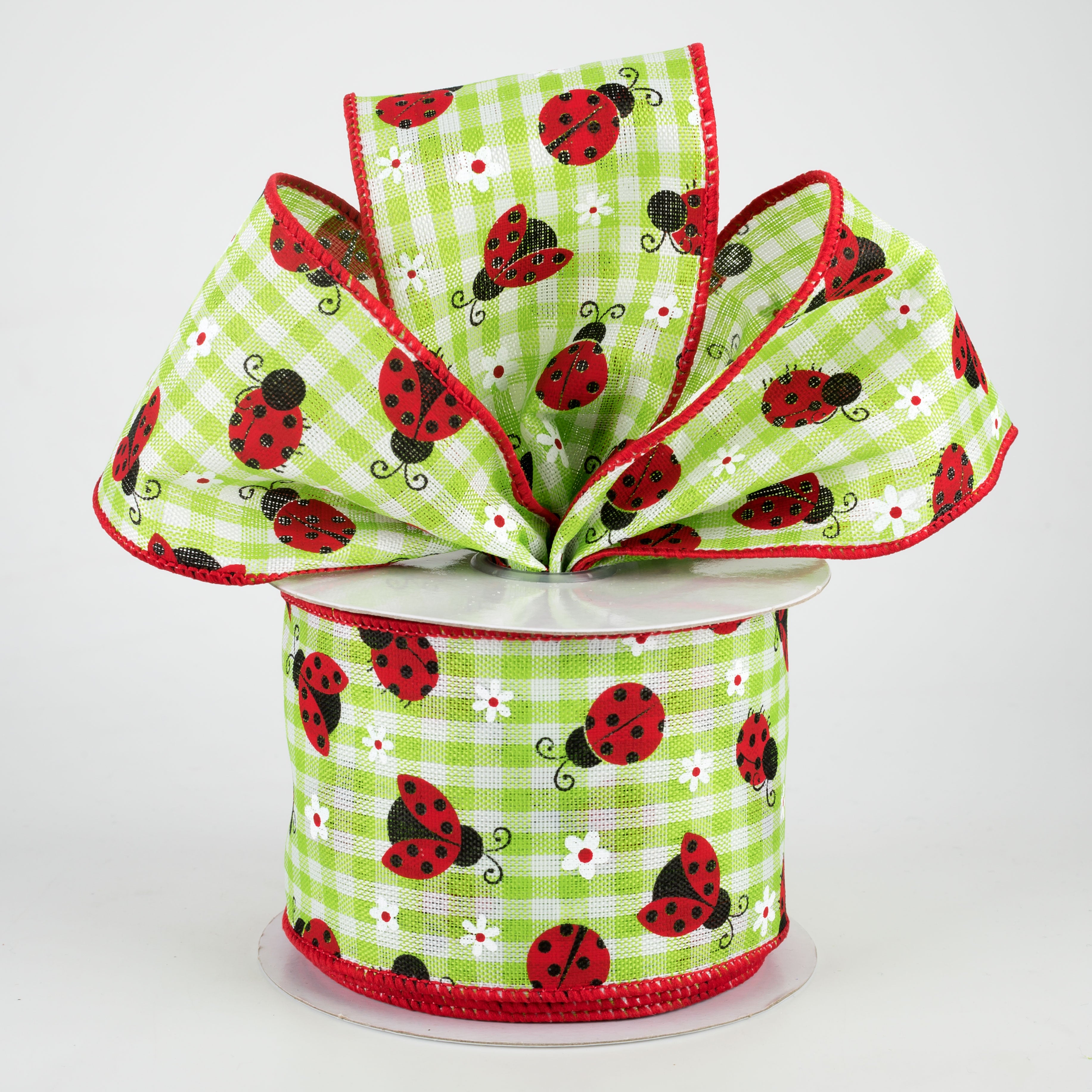 2.5" Mini Ladybugs Check Ribbon: Light Green (10 Yards) Lifestyle Photo