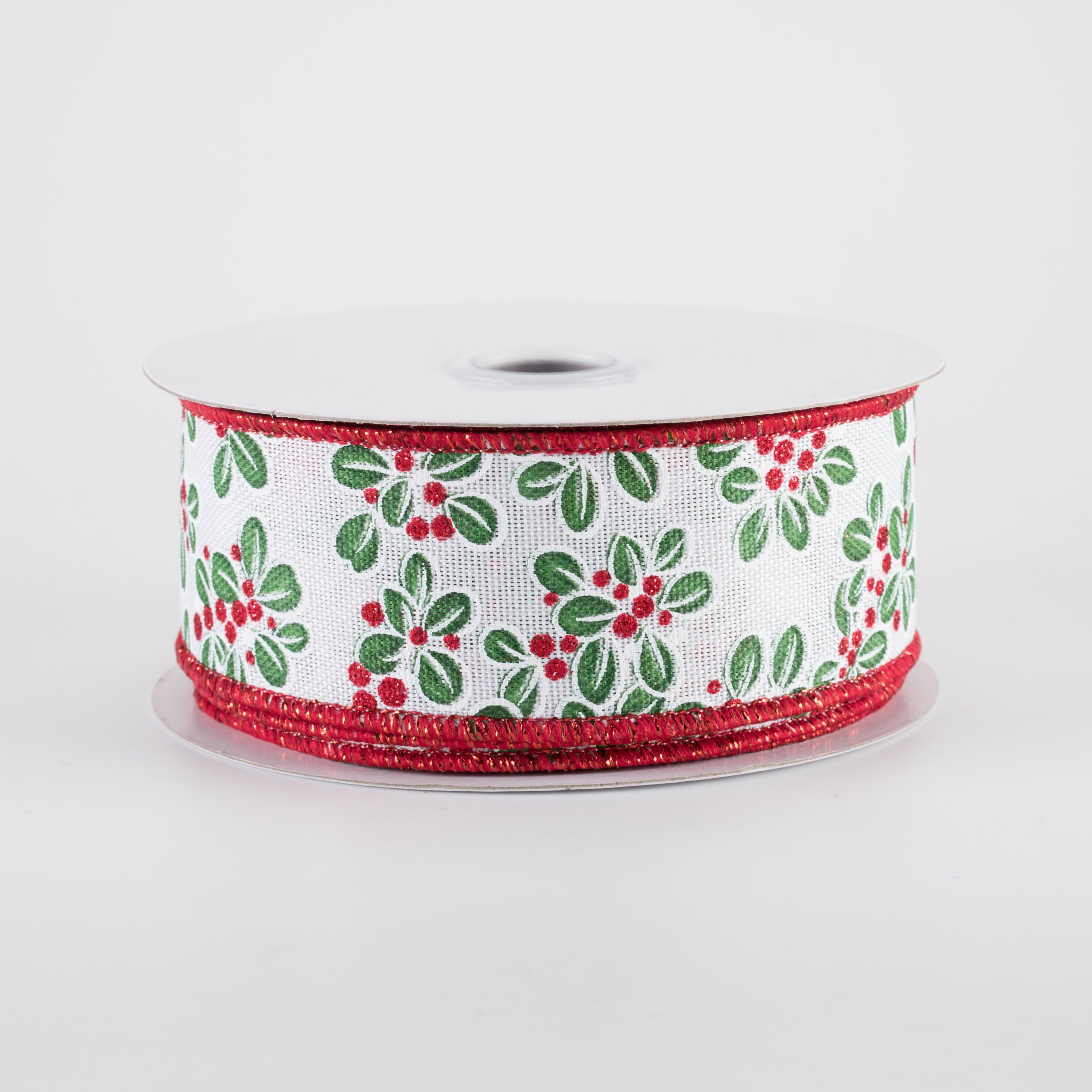 1.5" Mini Leaves & Berries Ribbon: White, Red & Green (10 Yards) Item Number: RGF142427