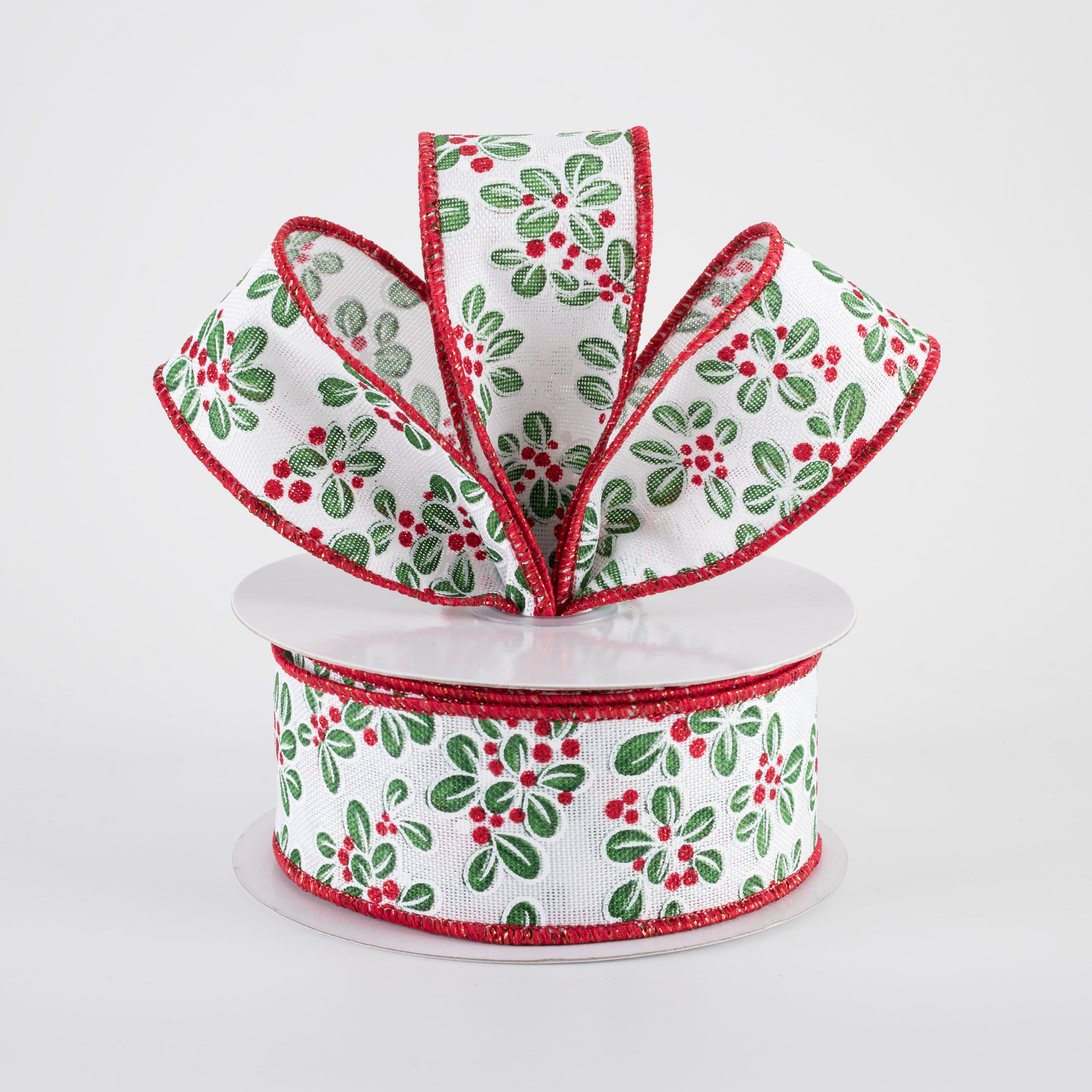 1.5" Mini Leaves & Berries Ribbon: White, Red & Green (10 Yards) Lifestyle Photo