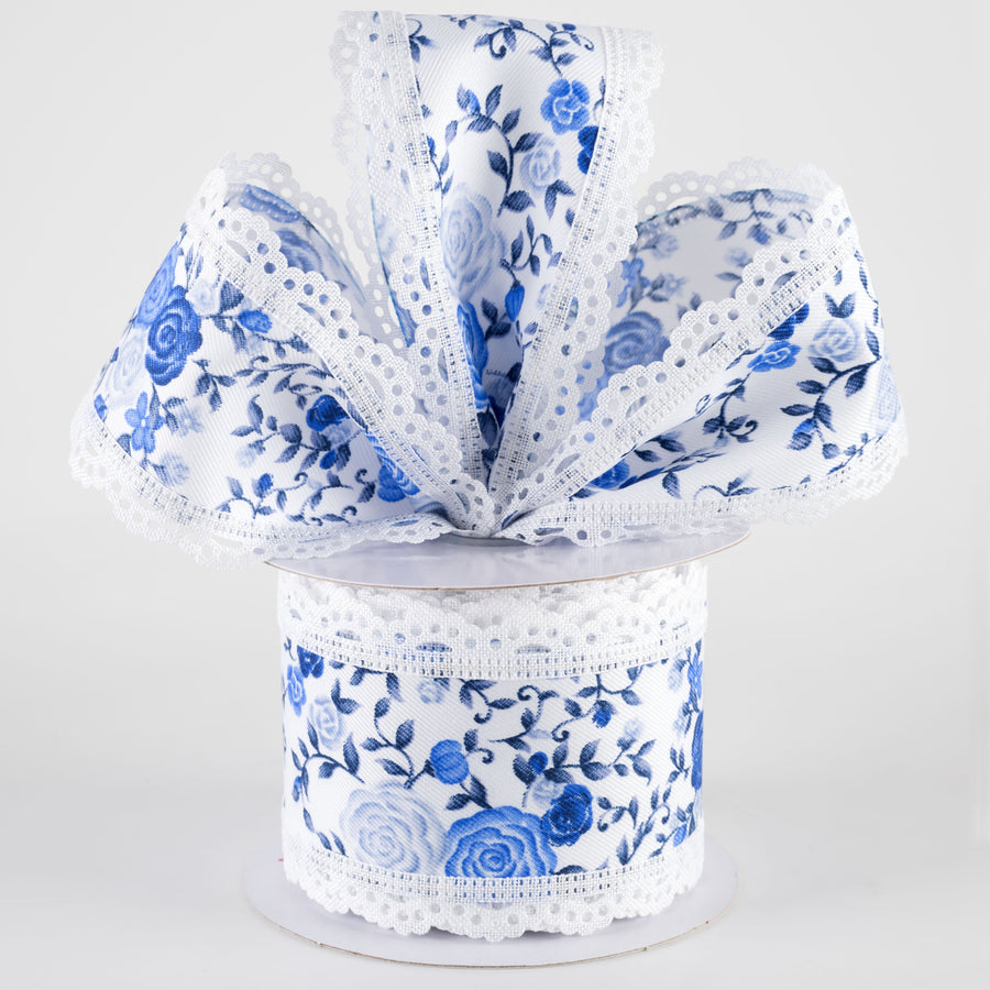 2.5" Mini Roses & Lace Scalloped Edge Ribbon: Blues & White (10 Yards) Lifestyle Photo