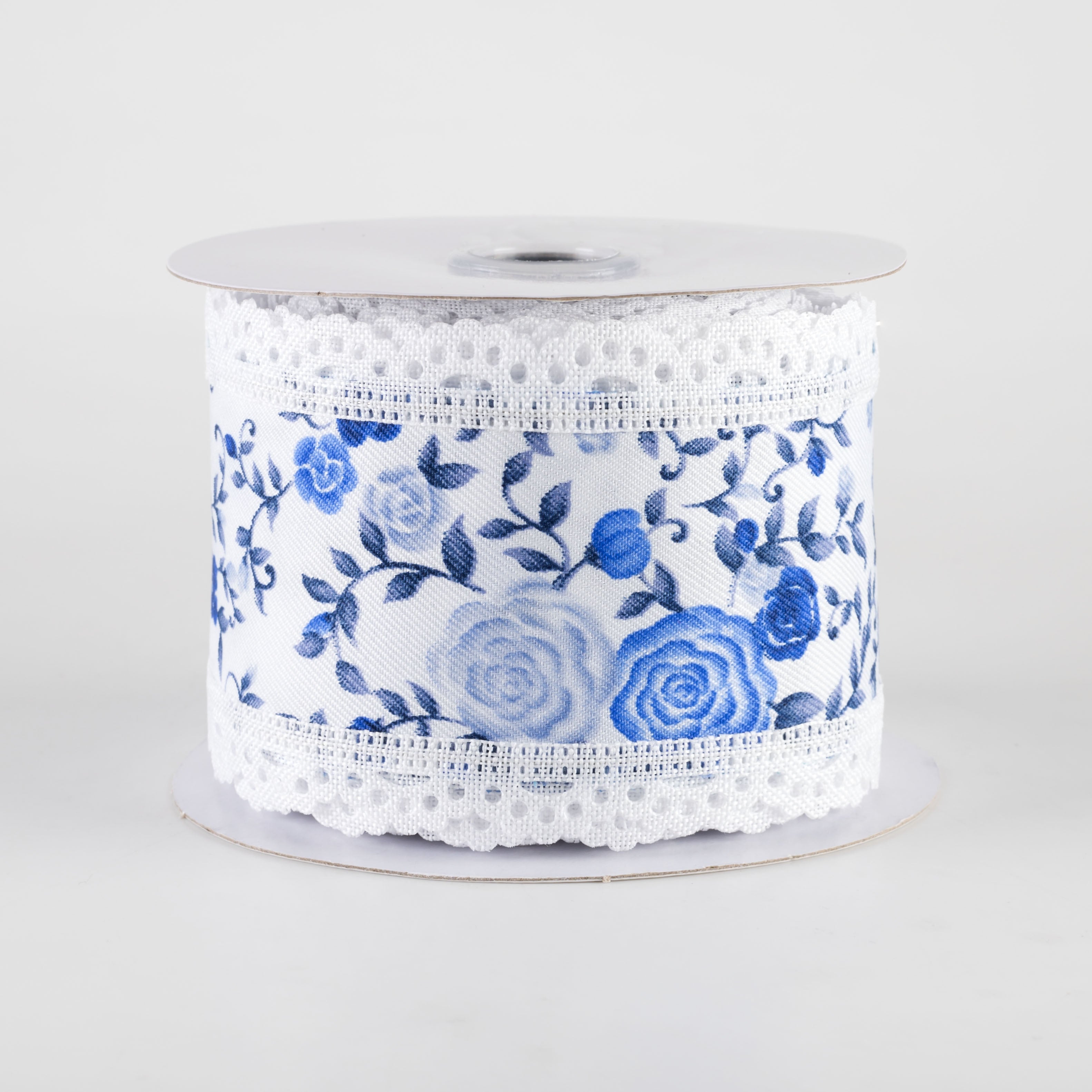 2.5" Mini Roses & Lace Scalloped Edge Ribbon: Blues & White (10 Yards)