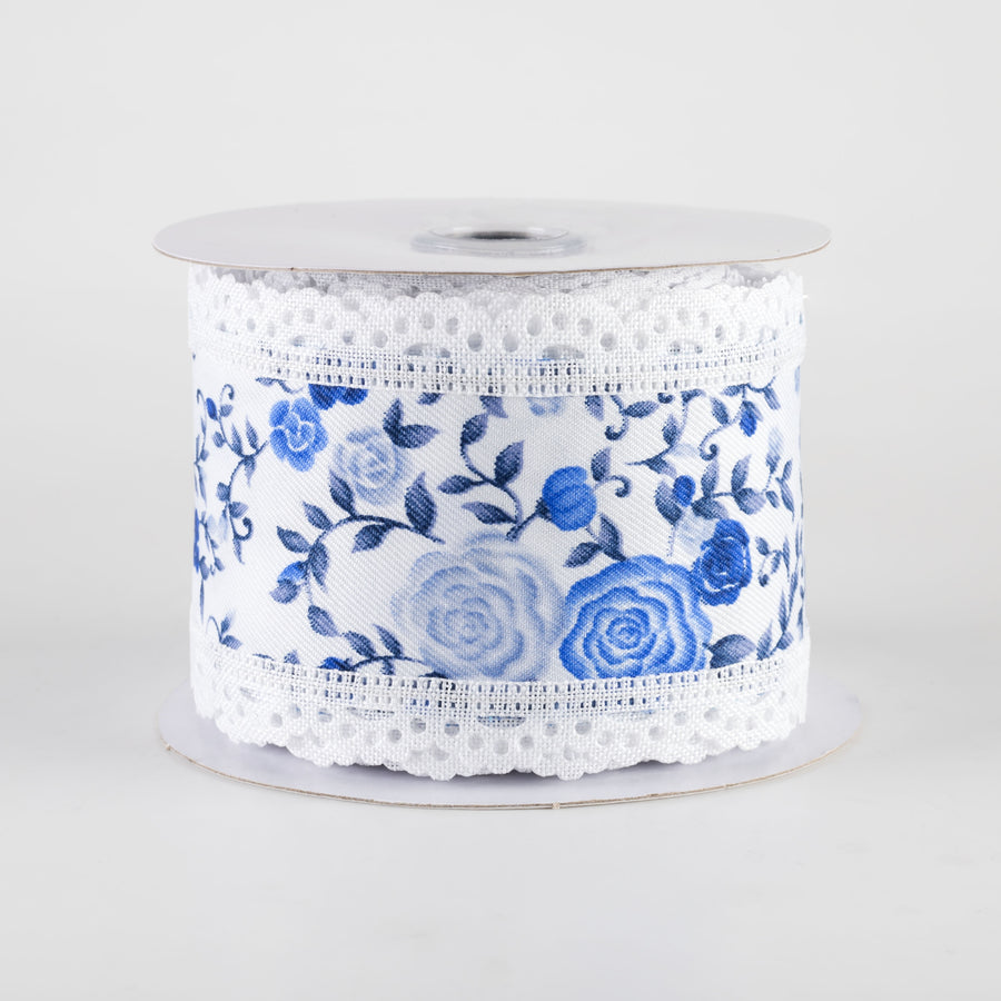 2.5" Mini Roses & Lace Scalloped Edge Ribbon: Blues & White (10 Yards)
