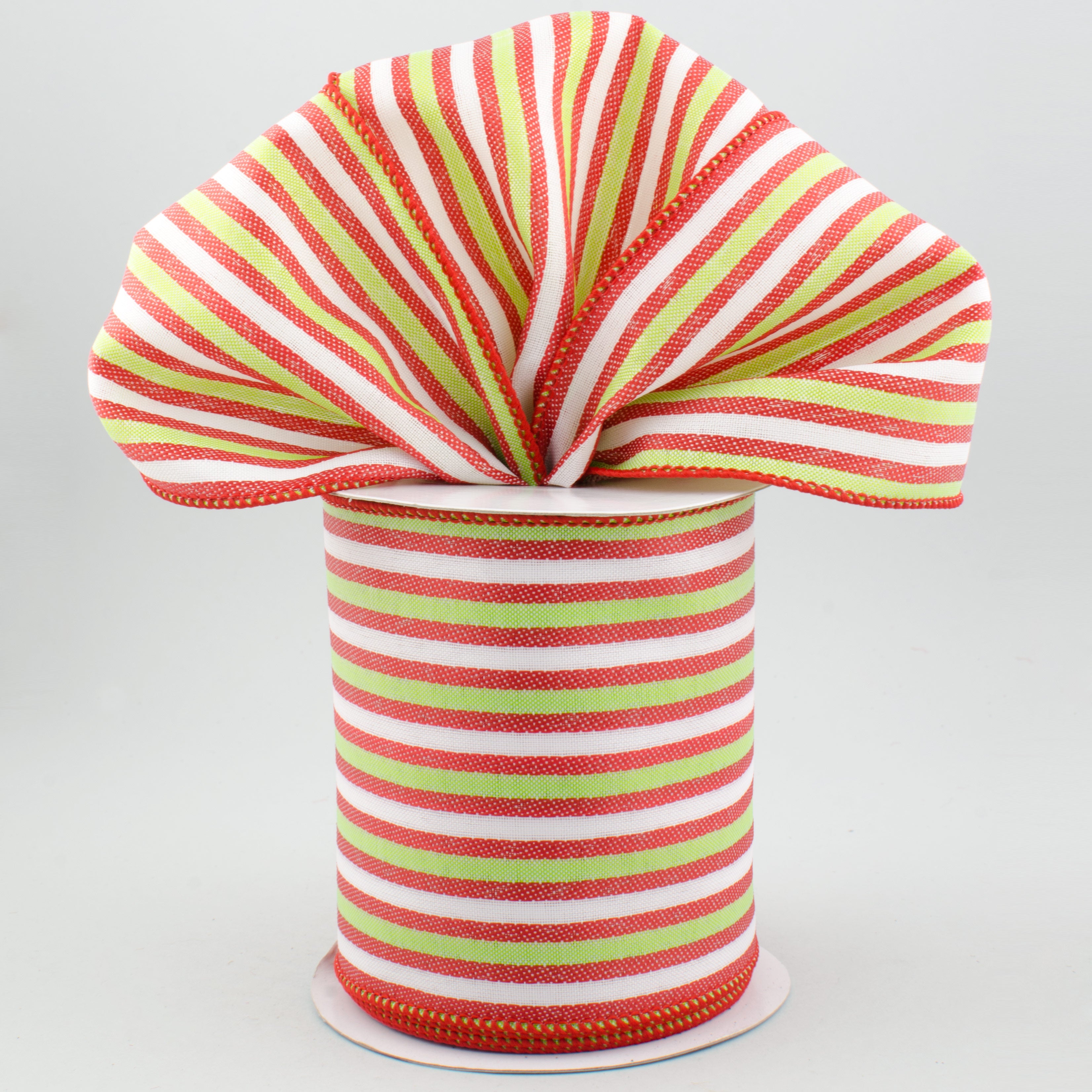 4" Mini Stripe Ribbon: Red, Lime Green, White (10 Yards) Lifestyle Photo