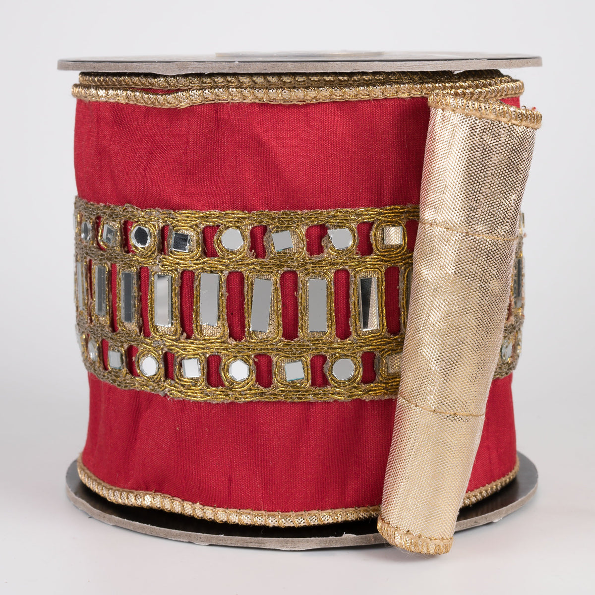 4" Mirror Center Trim Dupioni & Metallic Dupioni Fused Ribbon: Red & Gold (5 Yards) Item Number: RR0097
