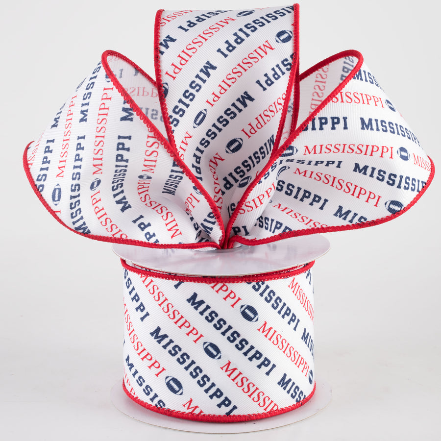 2.5" Mississippi Diagonal Football Pattern Ribbon: Red & Navy Blue (10 Yards) Lifestyle Photo