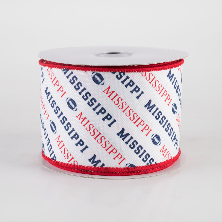 2.5" Mississippi Diagonal Football Pattern Ribbon: Red & Navy Blue (10 Yards)